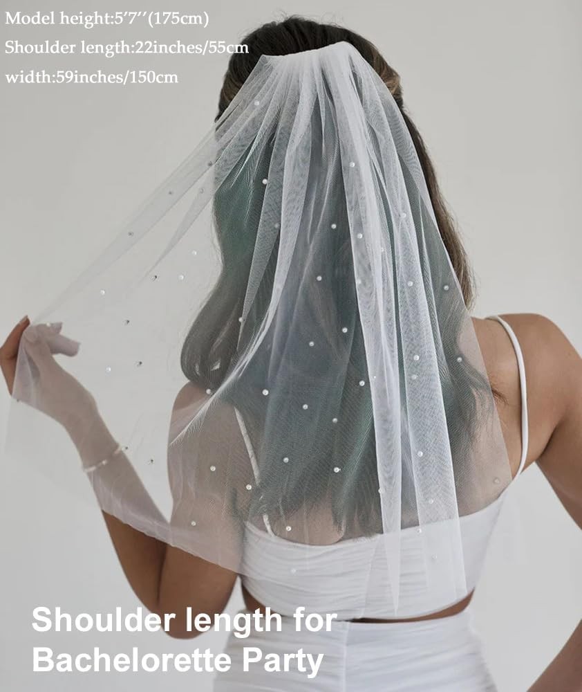 1 Tier Pearl Wedding Bridal Veil, Metal Comb, Cathedral Length, Classic, F55