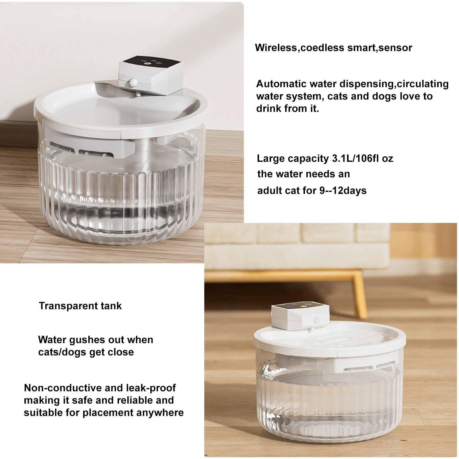 Wireless Cat Water Fountain Cordless Battery Operated Motion Senor Fountain 3.1L