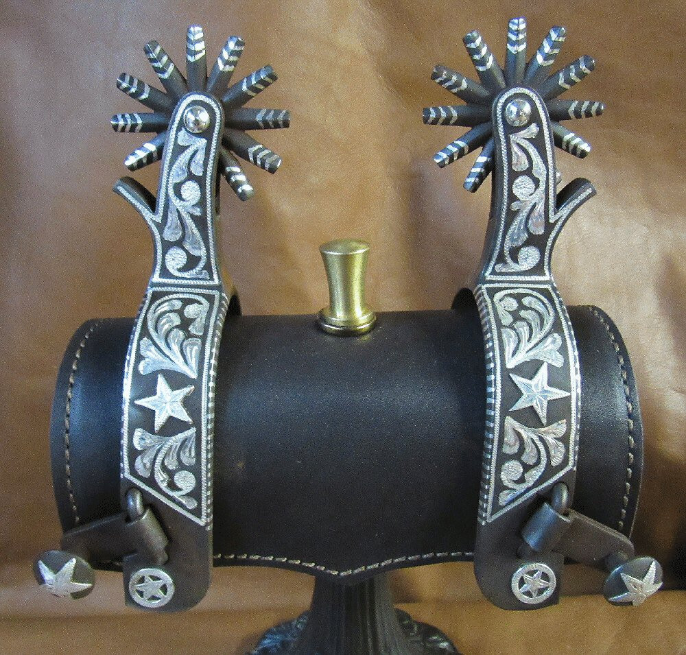 E Garcia Floral Inlay & Star Brown Finish Silver Spurs