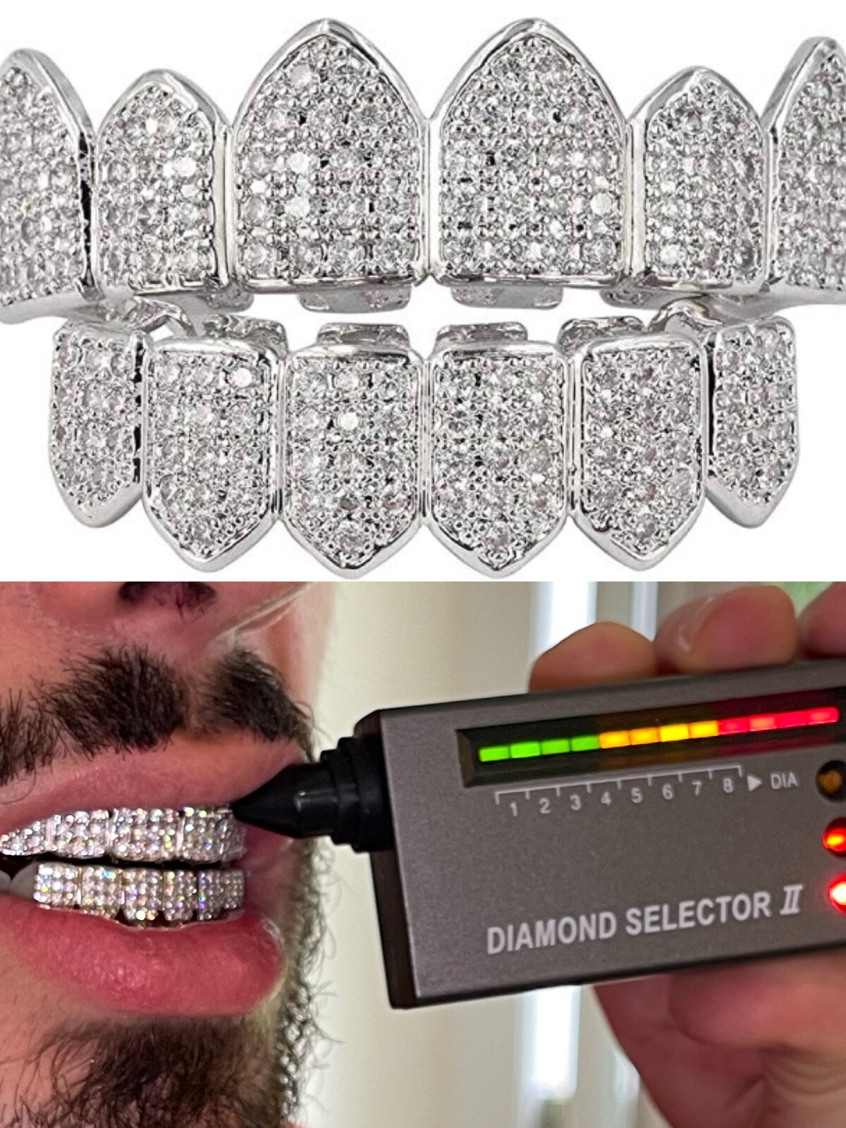 MOISSANITE GRILLZ Passes Test Teeth Top & Bottom Hip Hop 925 Silver Iced Rapper