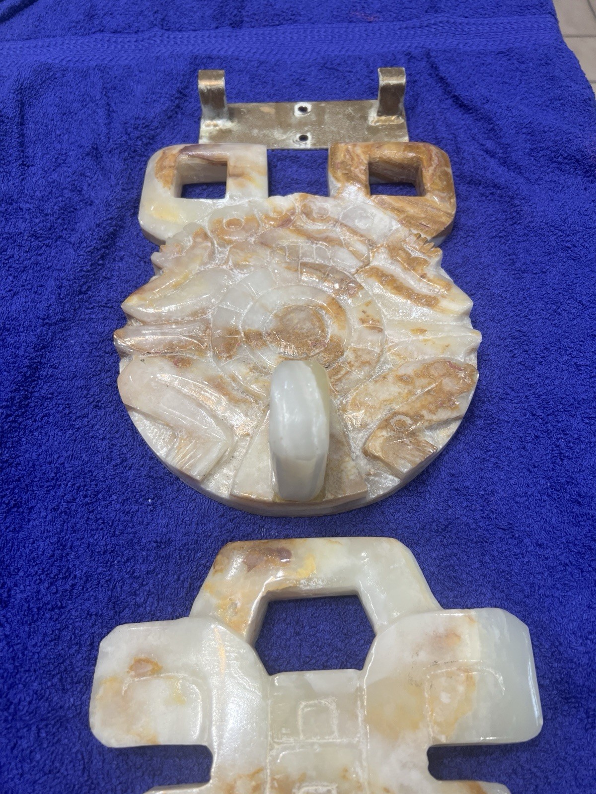 Aztec Mayan Marble/Onyx Large Stone Hand Carved Wall Hanging 33” Long W/bracket