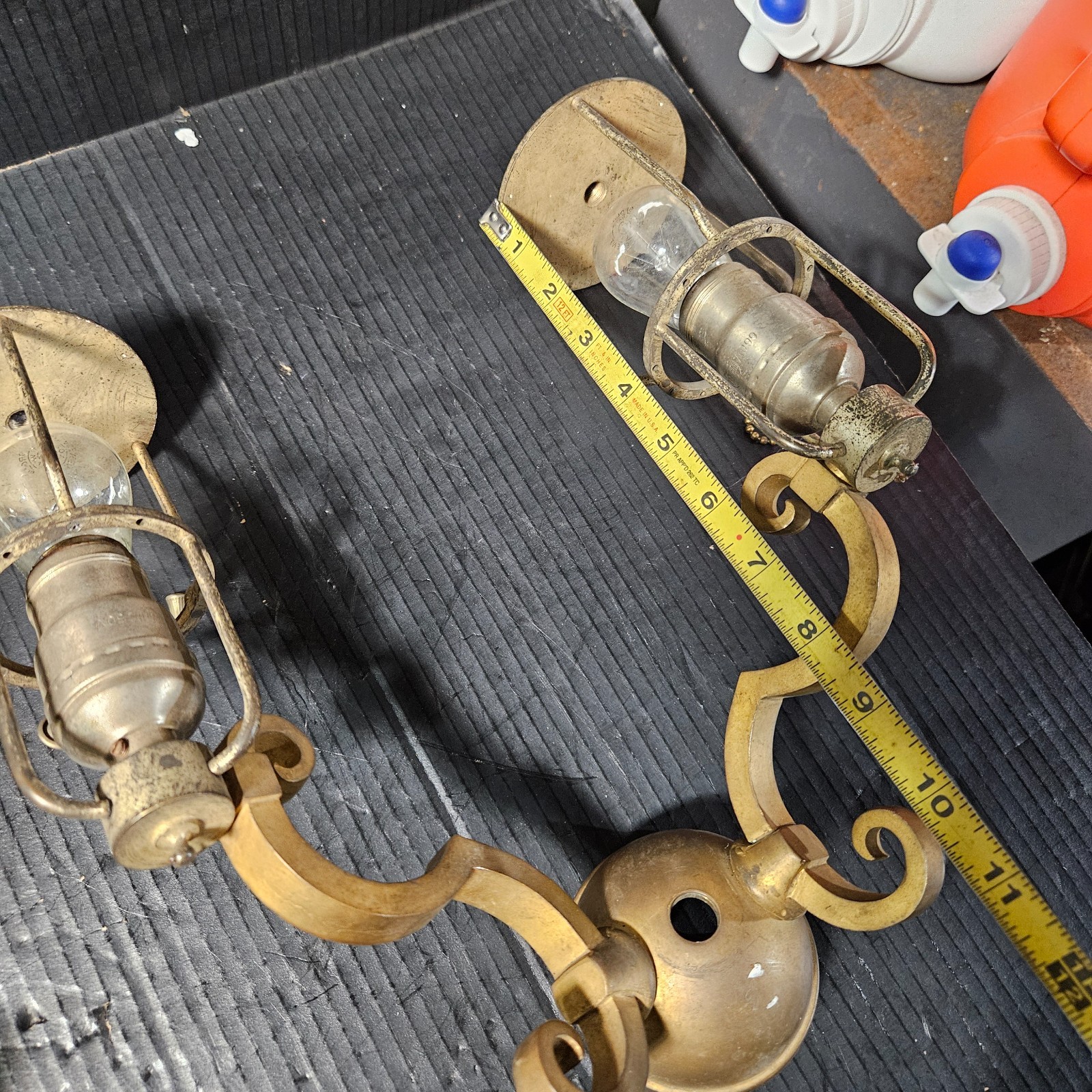 Rare Pair Antique Brass Nickle Sconces Handel Era Edwardian glass shade Hubbell