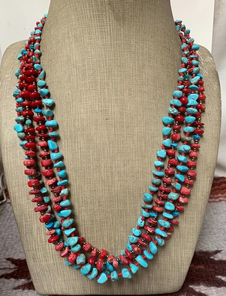 23" Multi-strands turquoise/coral nugget necklace//gorgeous!!(y402c-w3)