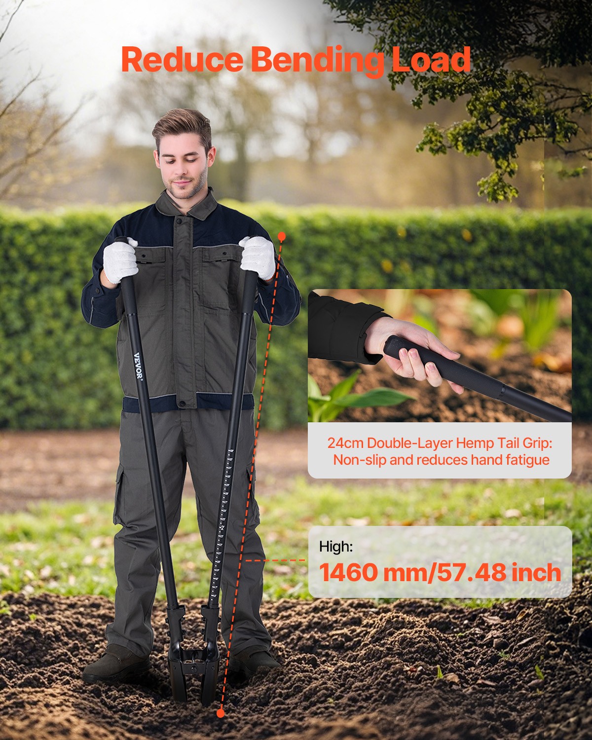 Manual Post Hole Digger 57.5 in Fiberglass Handle with Scale