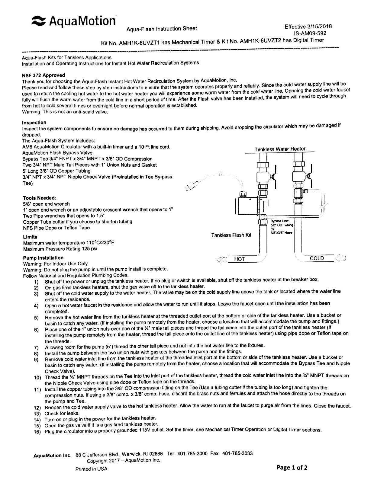 Aquamotion AMH1K-6UVZT1 - For Tankless Water Heaters Without Built-In Pump