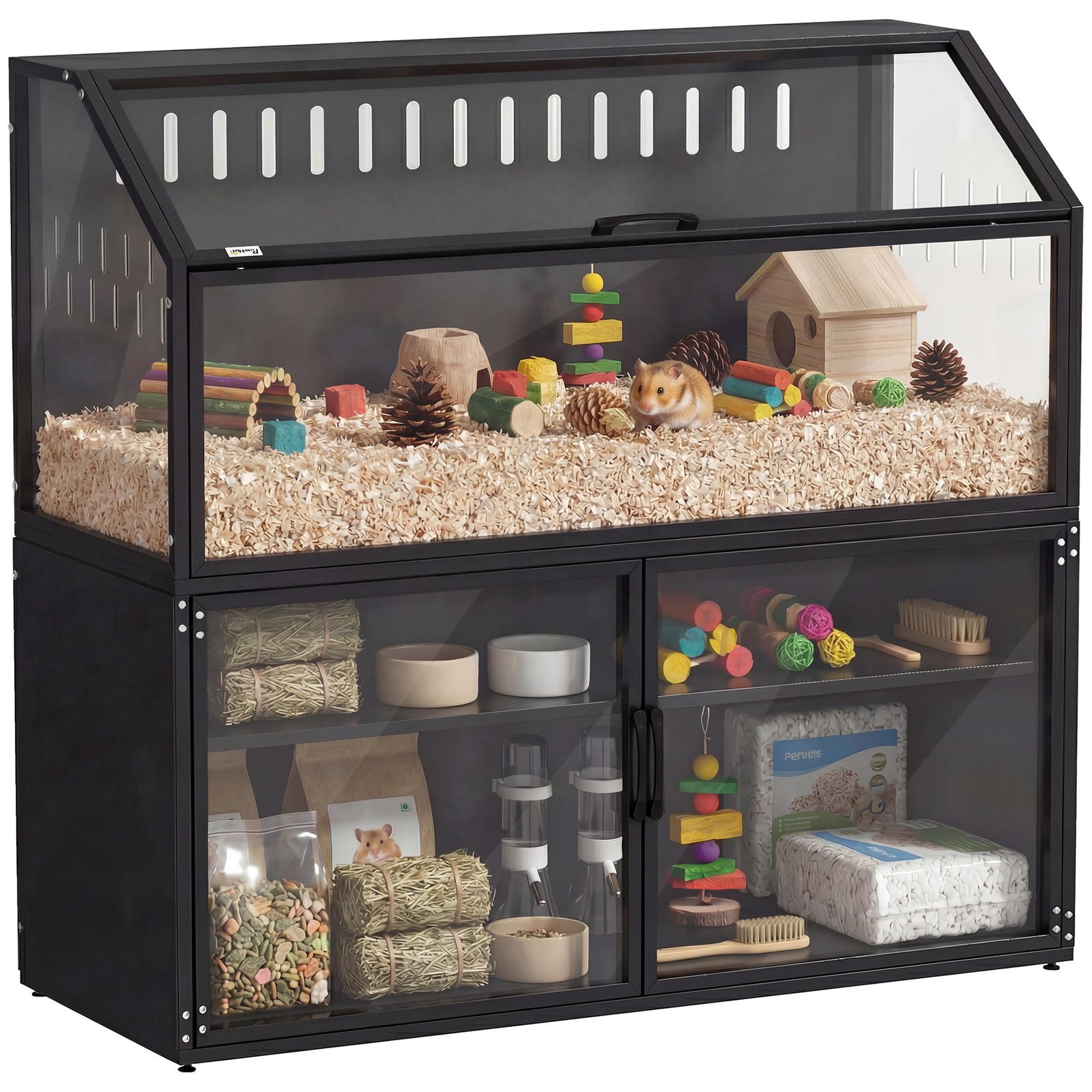 Hamster Cage with Storage Cabinet, Small Animal Cage with Acrylic Panels