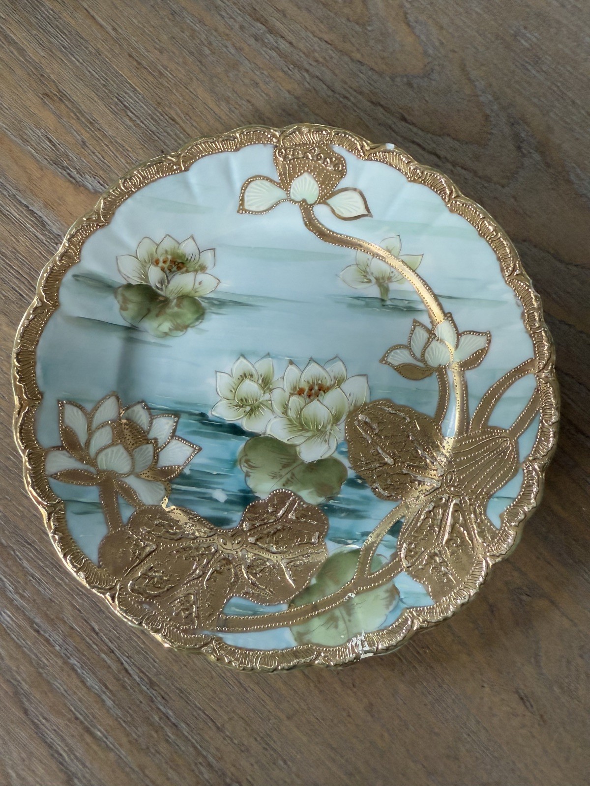 Vintage Hand Painted Nippon Water Lily Heavily Beaded Raised Gold Gild Plate