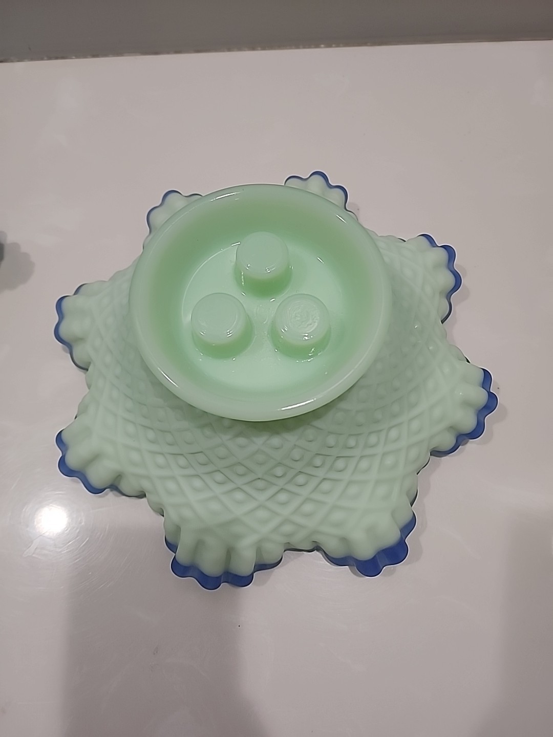 Fenton Cobalt Crest Satin Green Epergne ~ Harder To Find ~ EXQUISITE!!!