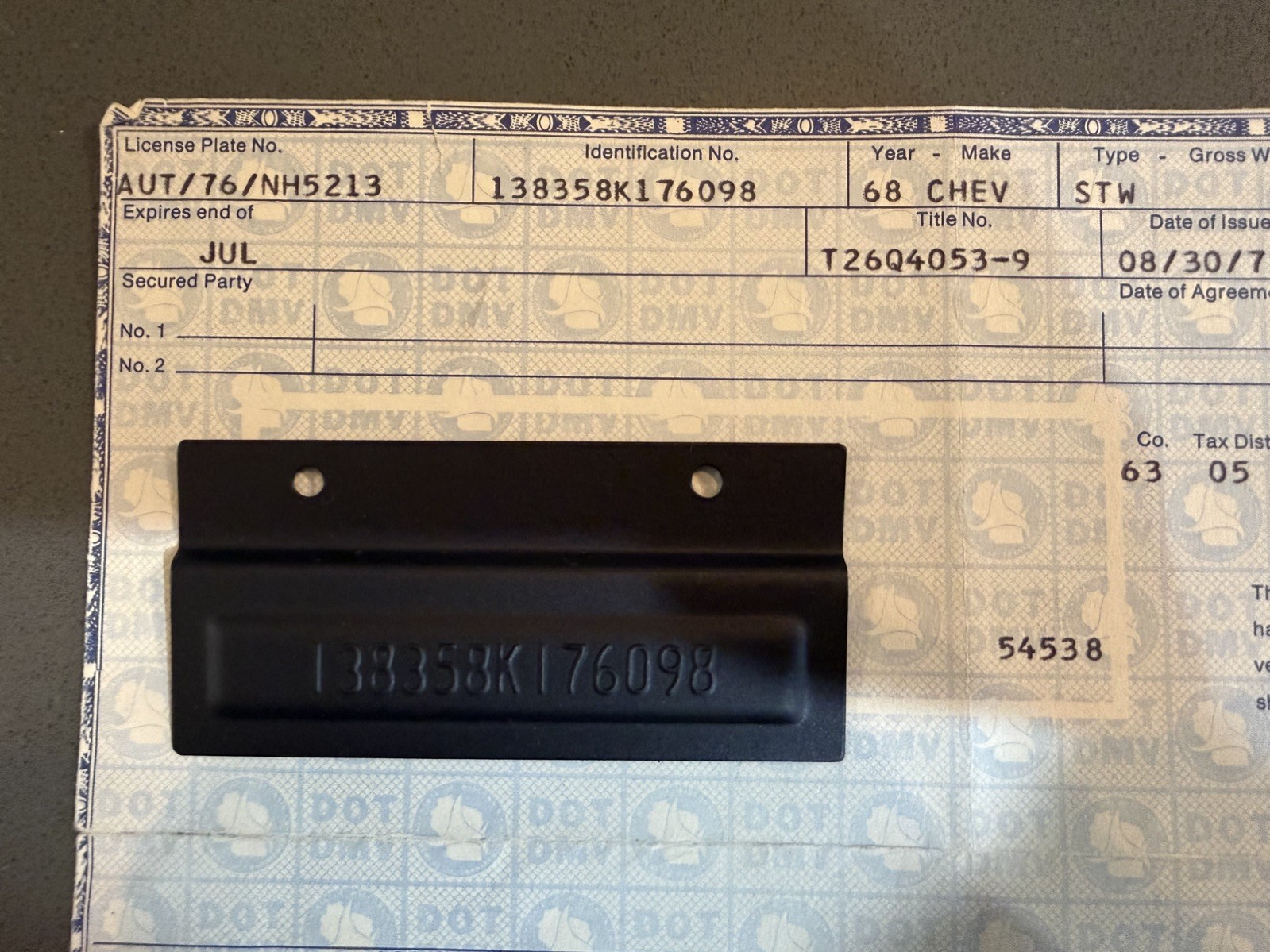 1968 Chevrolet Station Wagon Certificate Historical Document & VIN Plate