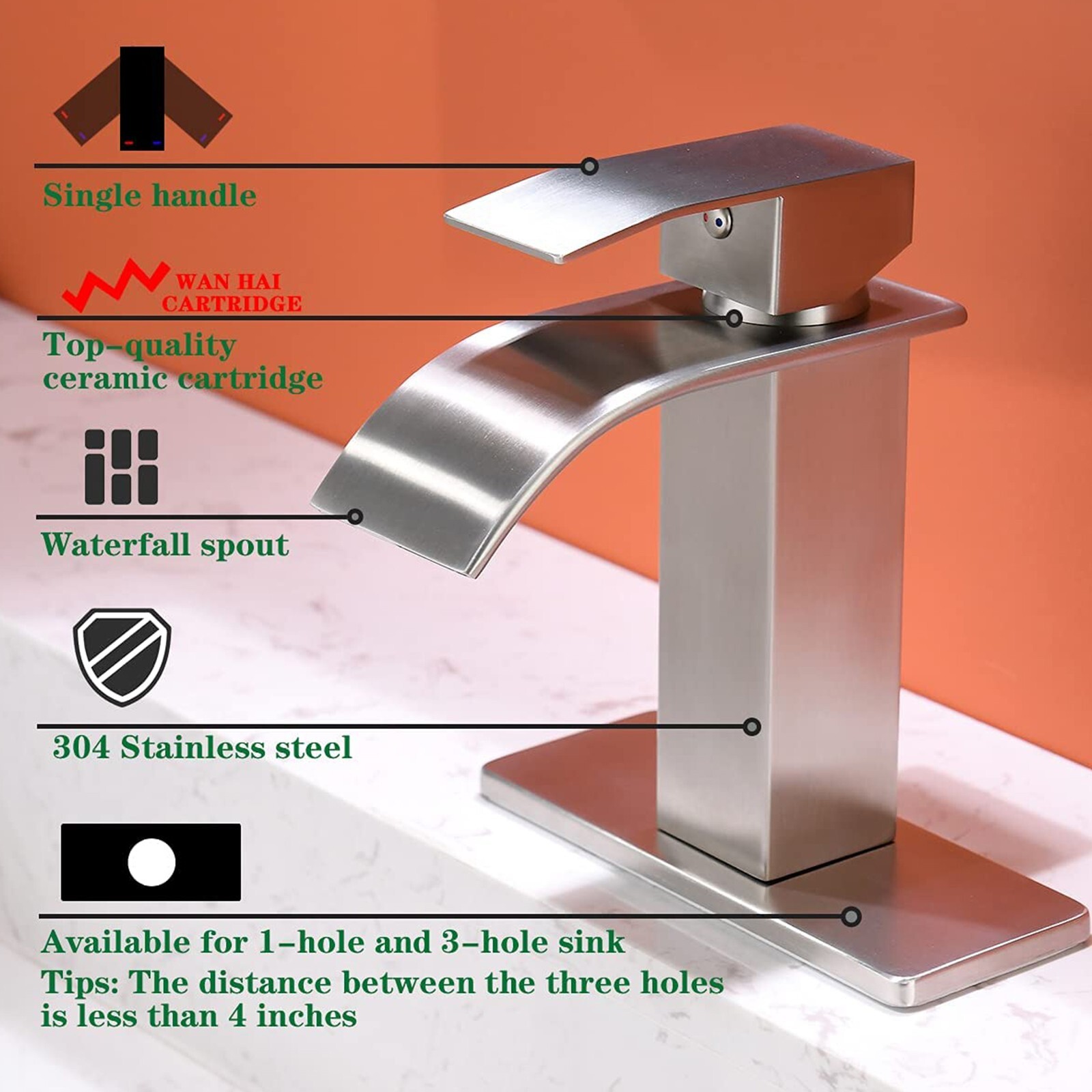 Bathroom Sink Faucet Brushed Nickel Single Handle Waterfall Vanity Basin Mixer