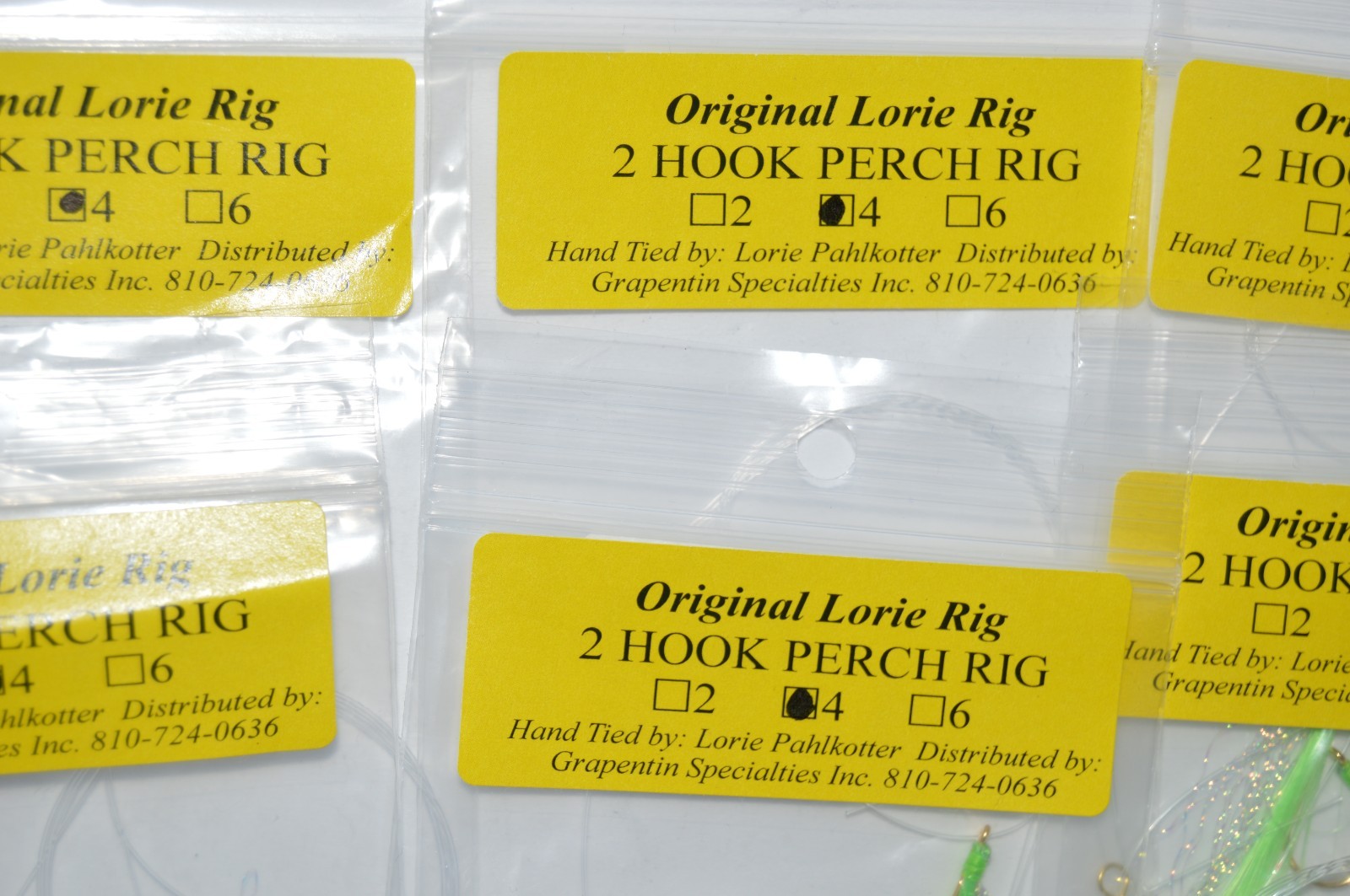6 packs Lorie's Handmade 2-Hook Perch Rigs double hook rig #4 chartreuse