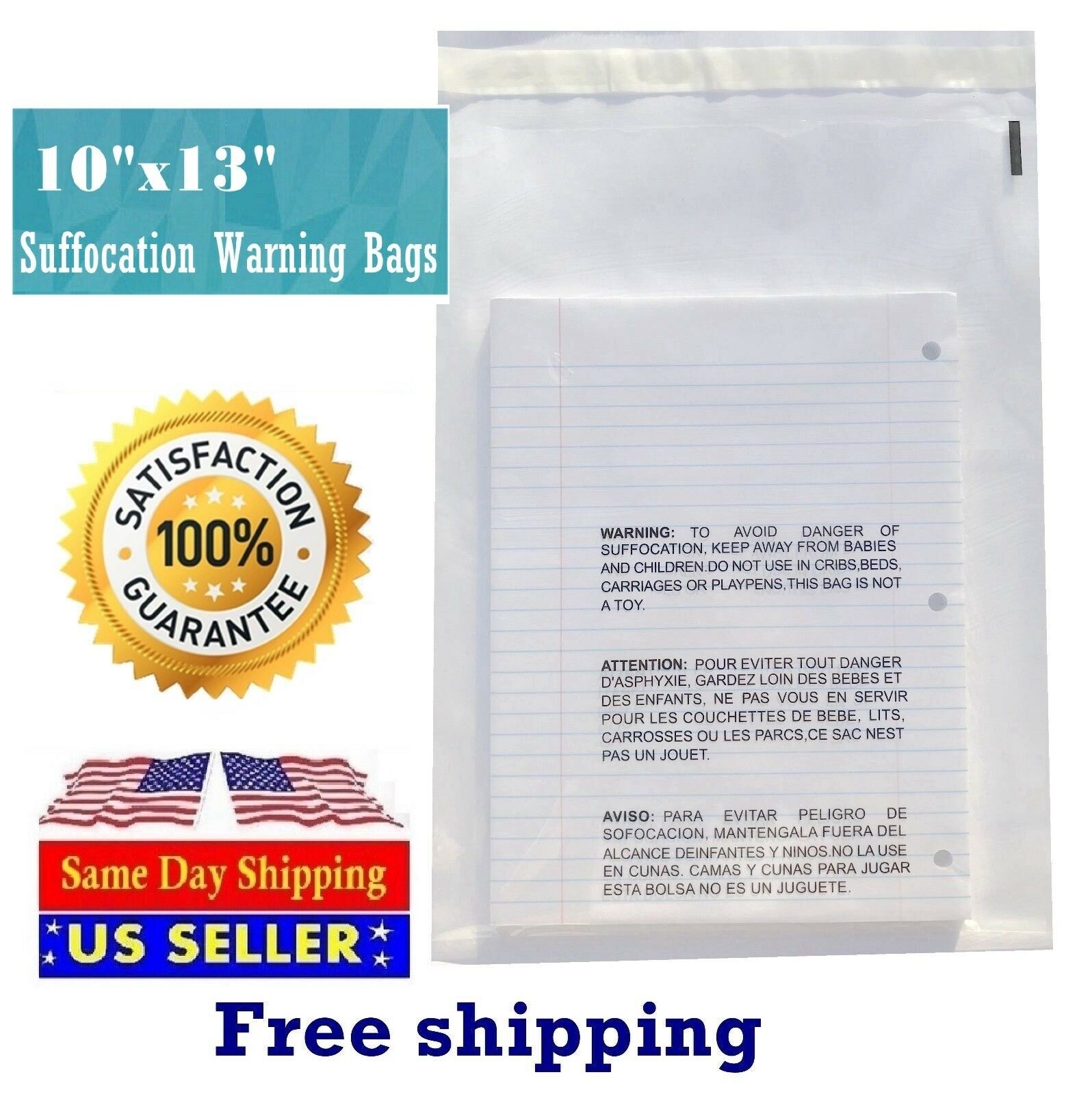 300 10x13 Self Seal Suffocation Warning Clear Poly Bags 1.5 mil -ST ShipMailers