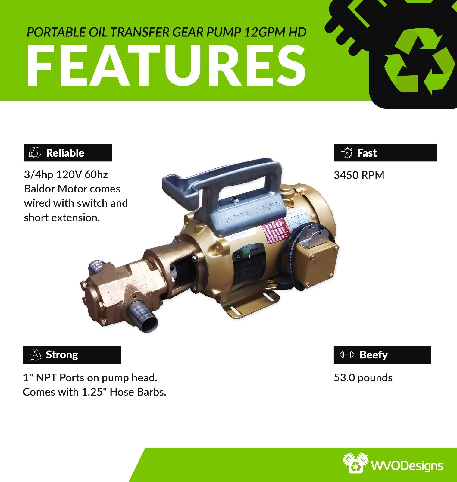 WVO Designs Portable Oil Transfer Gear Pump 12gpm HD, Goldstream Oil Pump