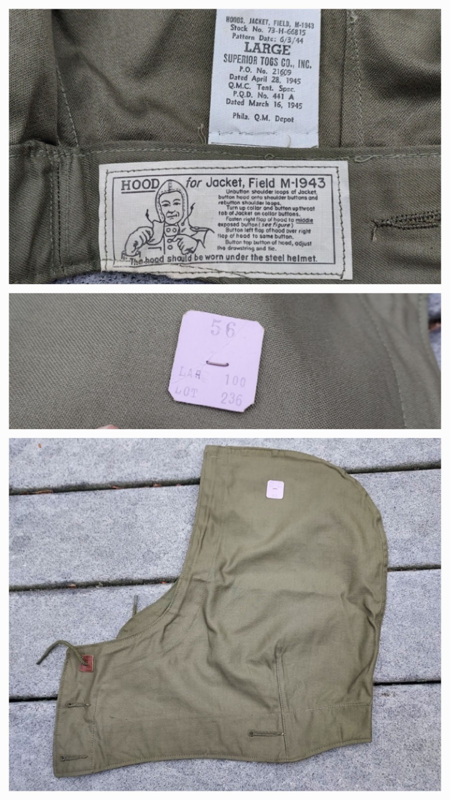 WWII WW2 US Army M1943 OD Field Jacket Hood M-1943 Hood Size Large Cutter Tag