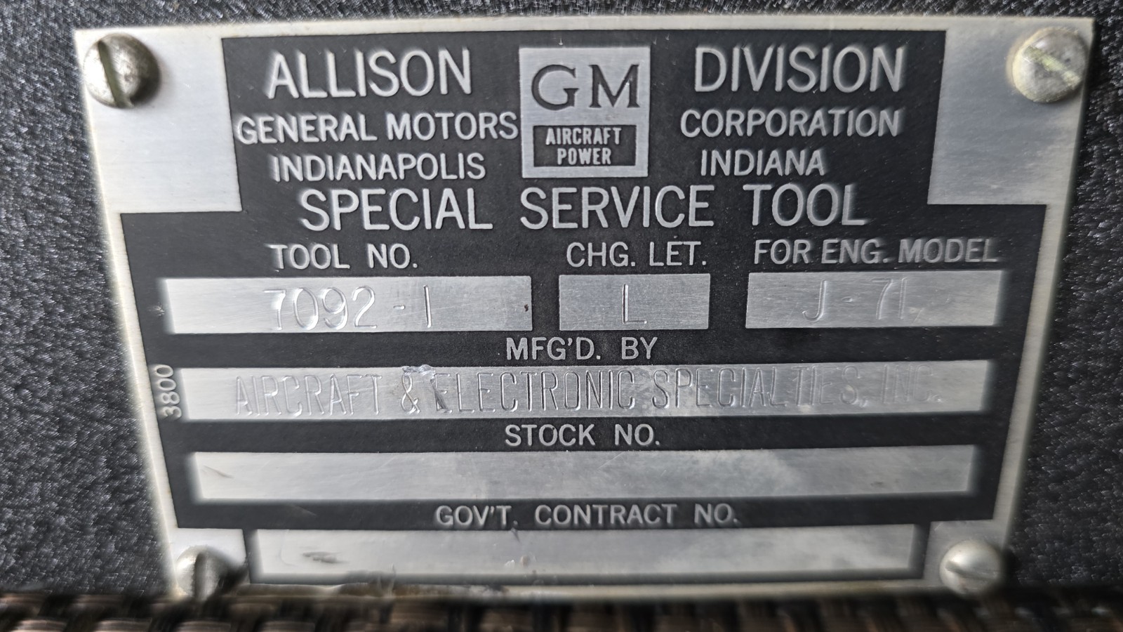 Original Allison Division - J71 Engine - GM Aircraft Power - Tool No: 7092-1