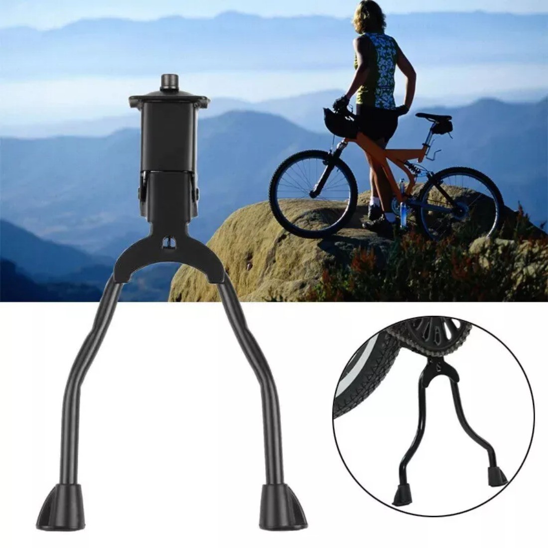 Bicycle Double Leg Side Stand Kick Kickstand Bike Support Spring Center Black