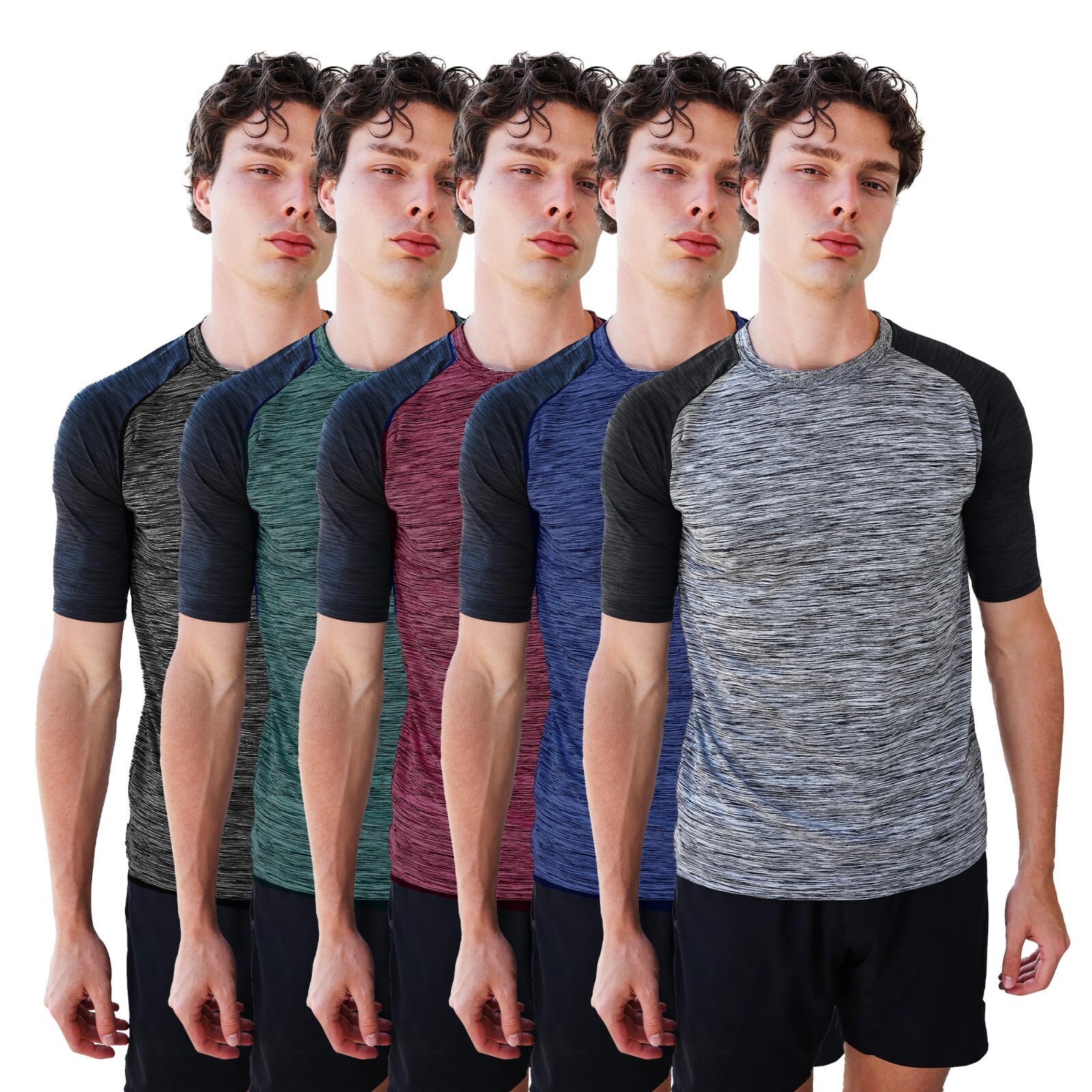 [5 Pack] Mens Active Athletic T Shirts Gym Running Workout Dry-Fit Crew Neck Top