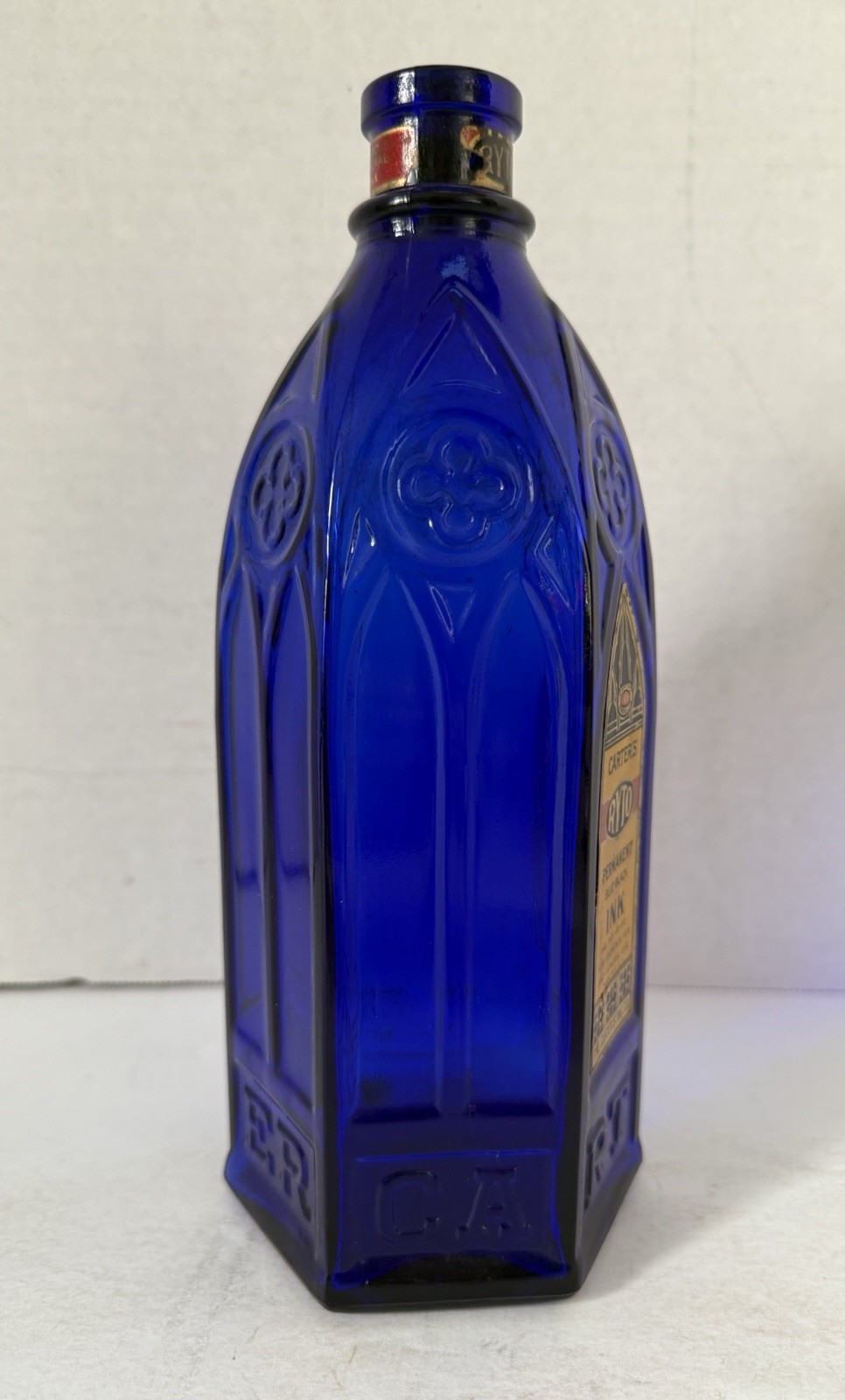 Vintage Cathedral Style Blue Glass Carter's Ink Bottle/Jar with label & Stopper