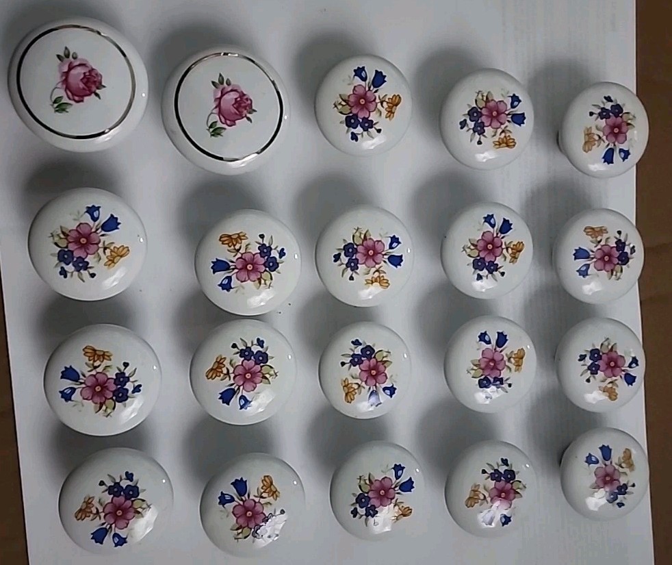 Vintage Porcelain Drawer Knobs/2LG, 18sm, Floral Design Hardware Included