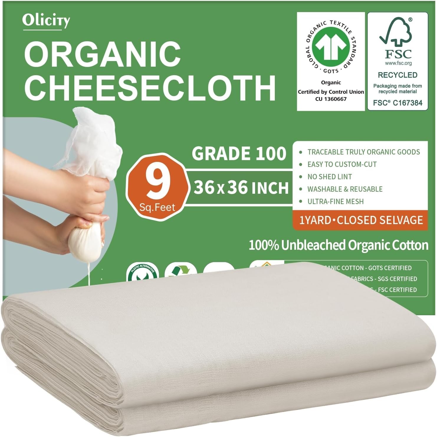 Organic Cheese Cloth 36x36”– GOTS Certified, Grade 100, Unbleached Cotton Muslim