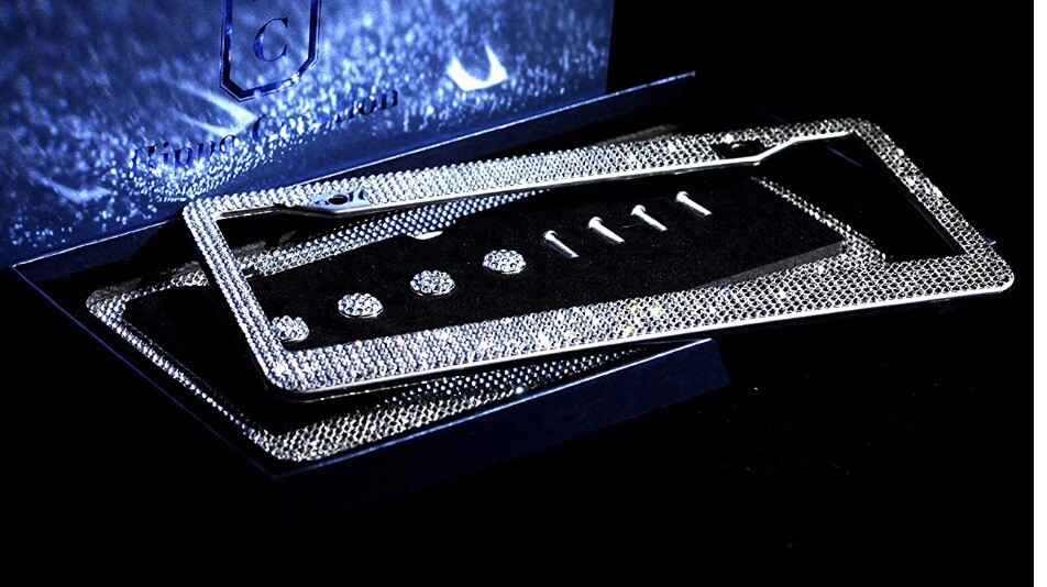 2 LUXURY White Diamond CRYSTAL Metal License Plate Frame Cap Made With Swarovski