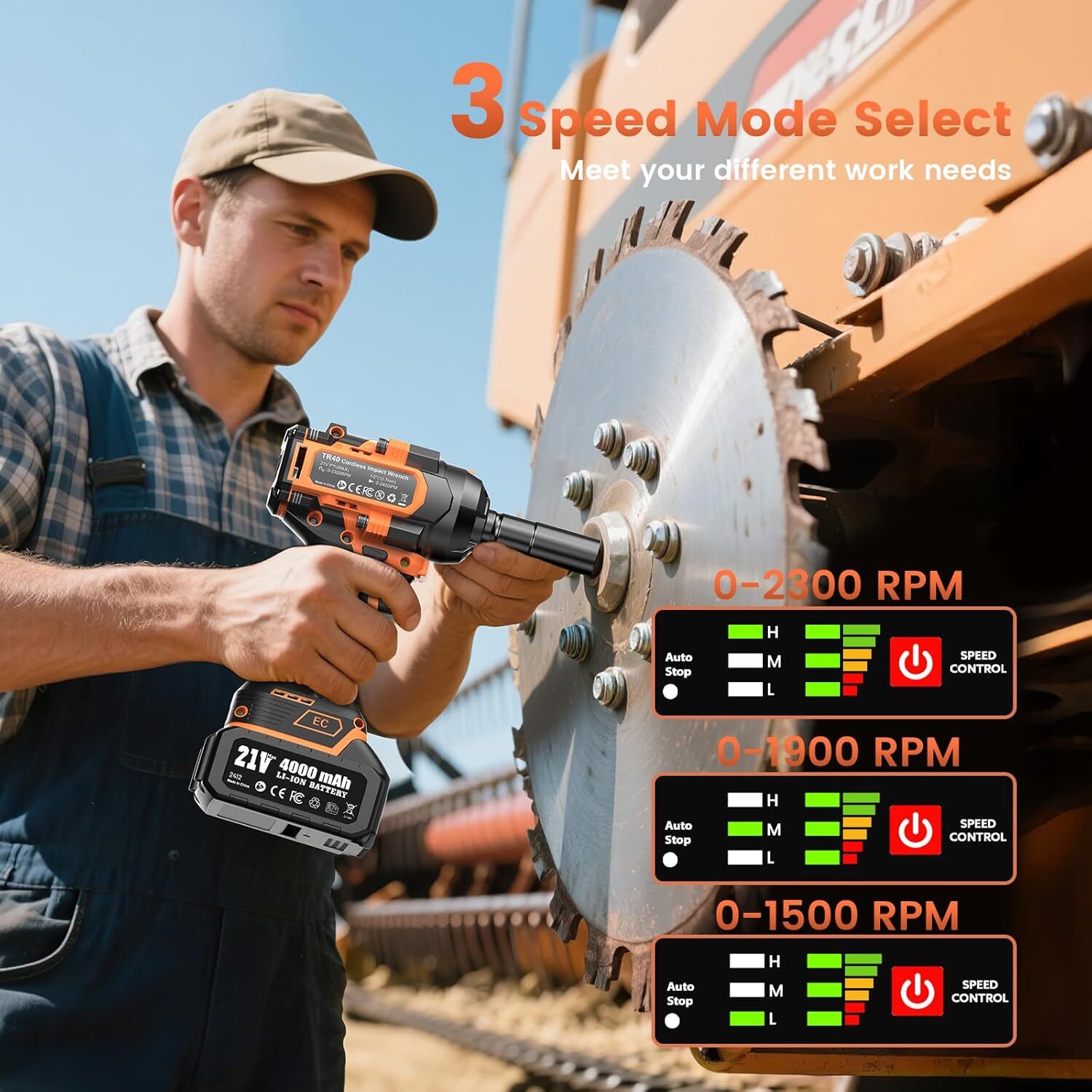 TaskStar Cordless Impact Wrench 1/2“, 1110 Ft-lbs(1500 N.m) 2 * 4.0 Ah Battery