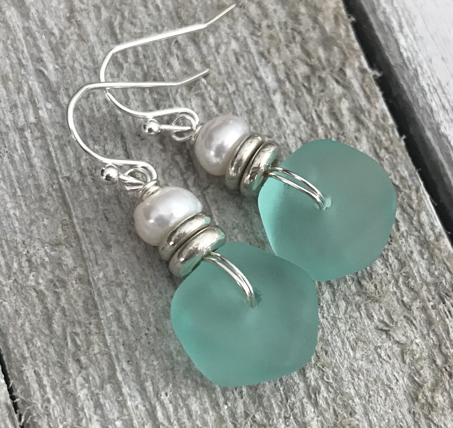 Min Favorit Turquoise Bay Sea Glass, Freshwater Pearl & Silver Pl Drop Earrings