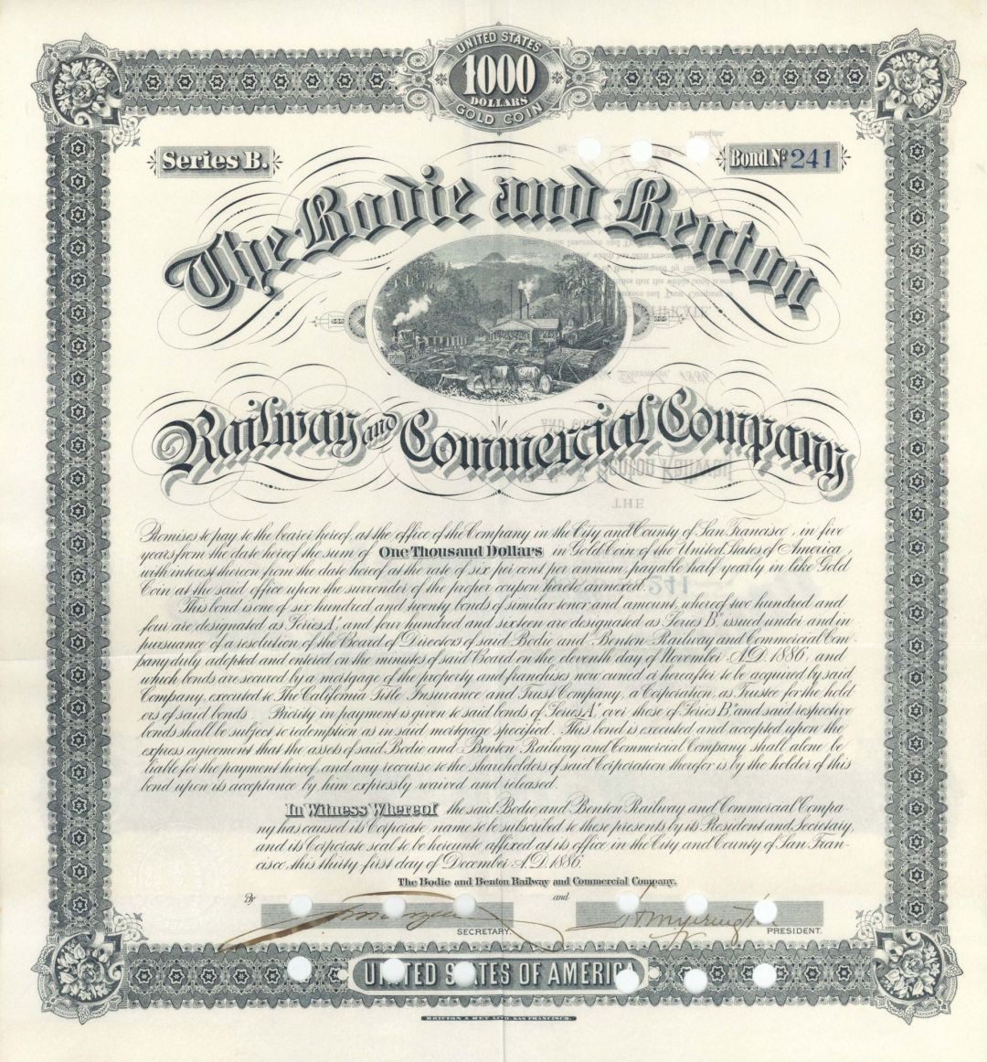 Bodie and Benton Railway and Commercial Co. - 1886 dated $1,000 California Rai