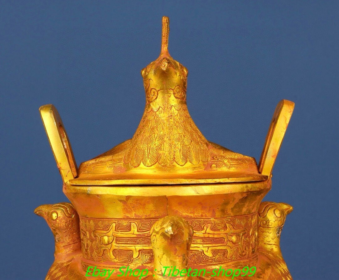 11.8''Old Dynasty Bronze Ware Gilt Inscription 3 Bird Incense Burner Censer