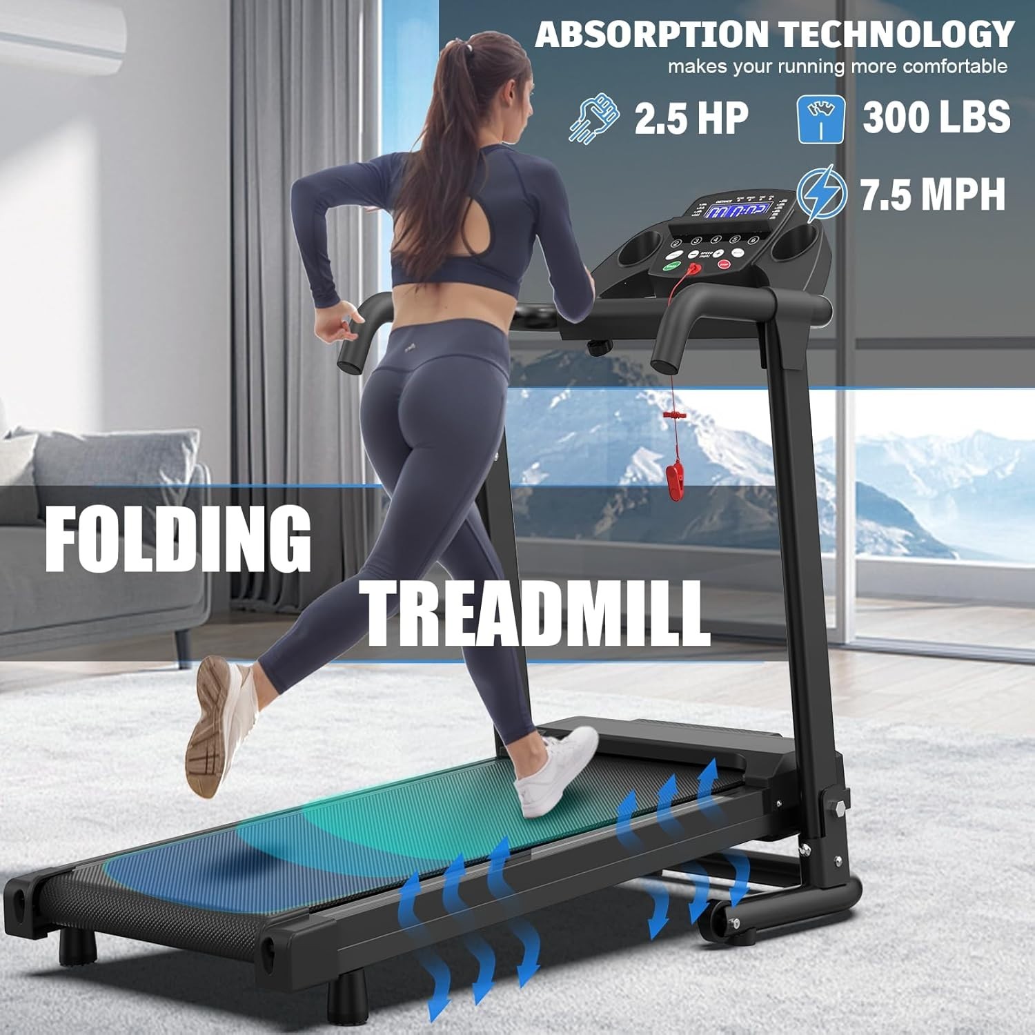 2.5HP Foldable Treadmill for Home Quiet Folding Running Jogging Machine, 300 LBS