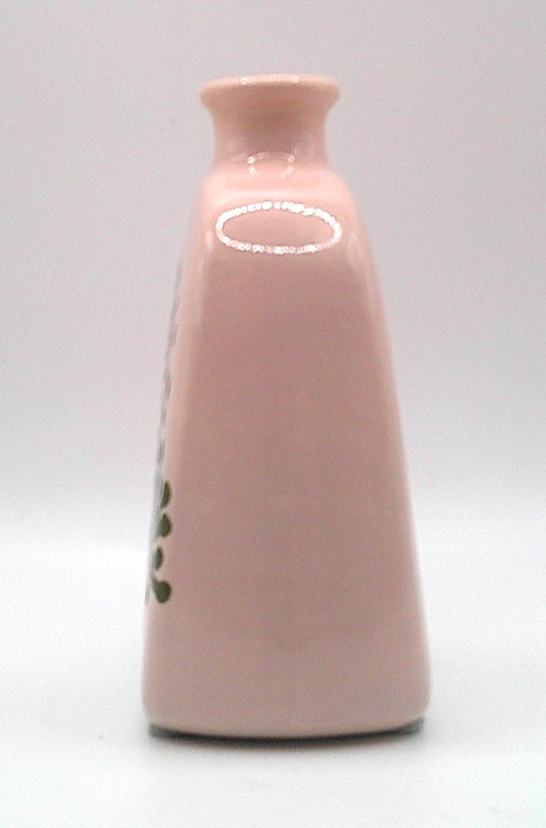 Pale Blush Pink Hand Painted Ceramic Bottle Vase w/Green Stylized Dandelions