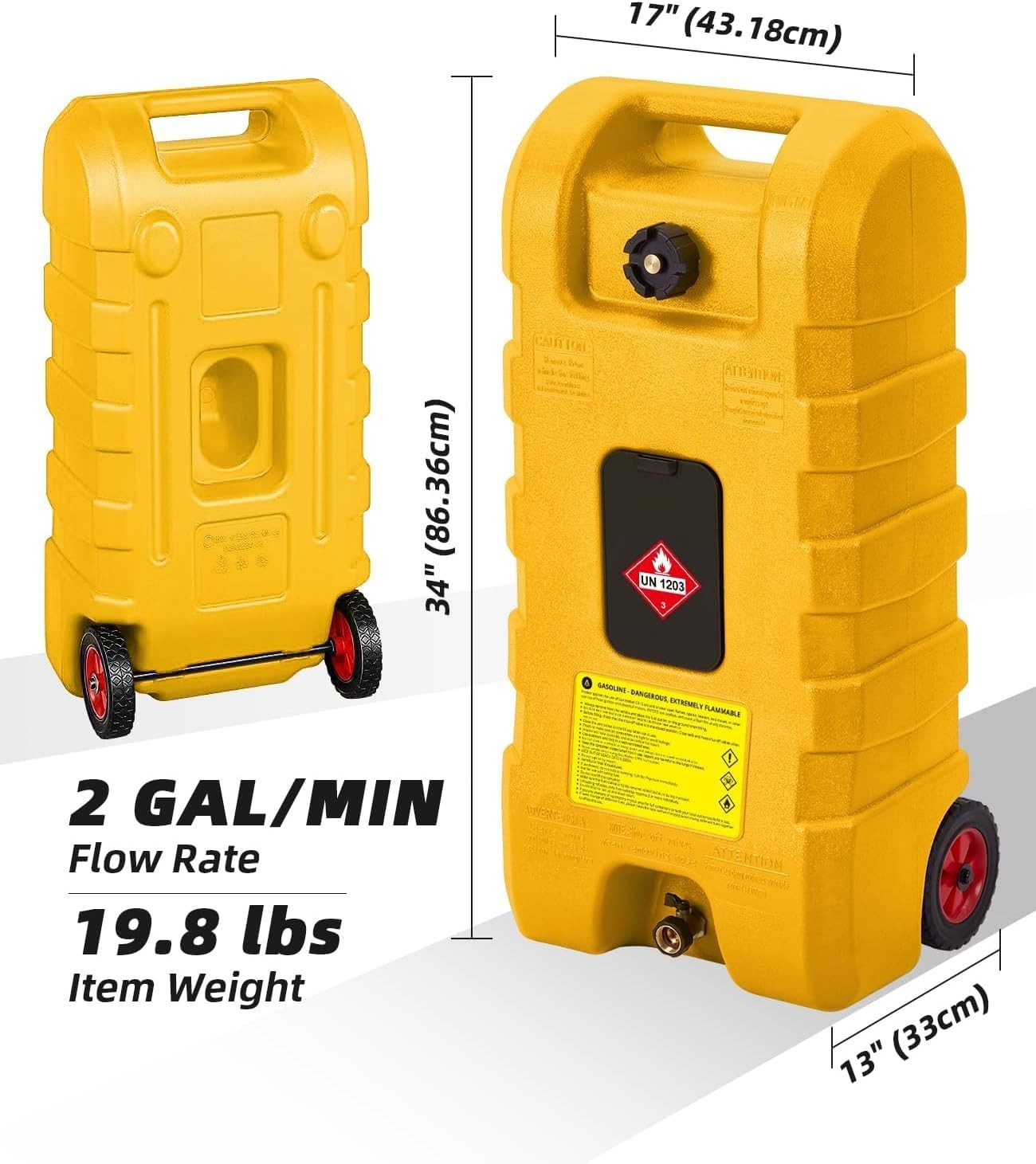 15 Gallon Fuel Caddy Gasoline Storage Tank Portable with Pump Hose 2 Gal/Min Flo
