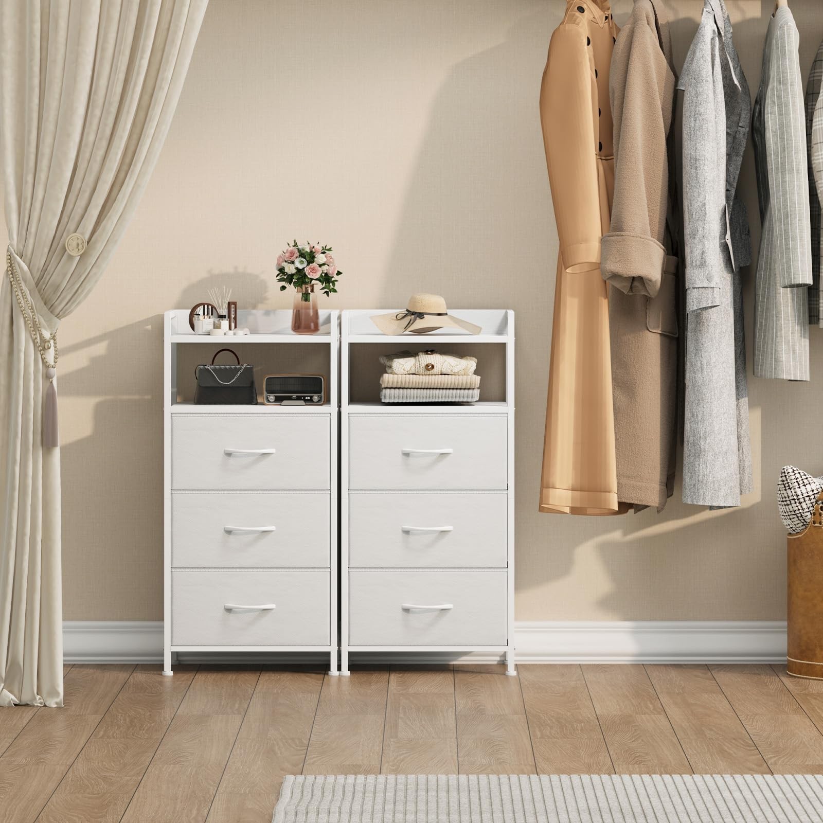 3-Drawer Nightstand with Fabric Bins, Wood Top Steel Frame, White