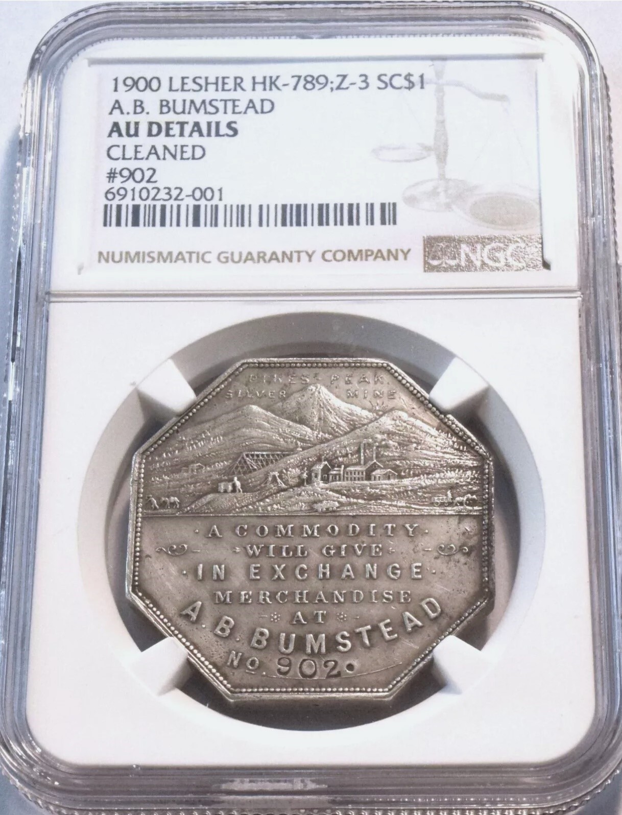 1900 $ Lesher Dollar / HK-789 SC $1 NGC AU / A.B. Bumstead Pikes Peak Silver 1oz