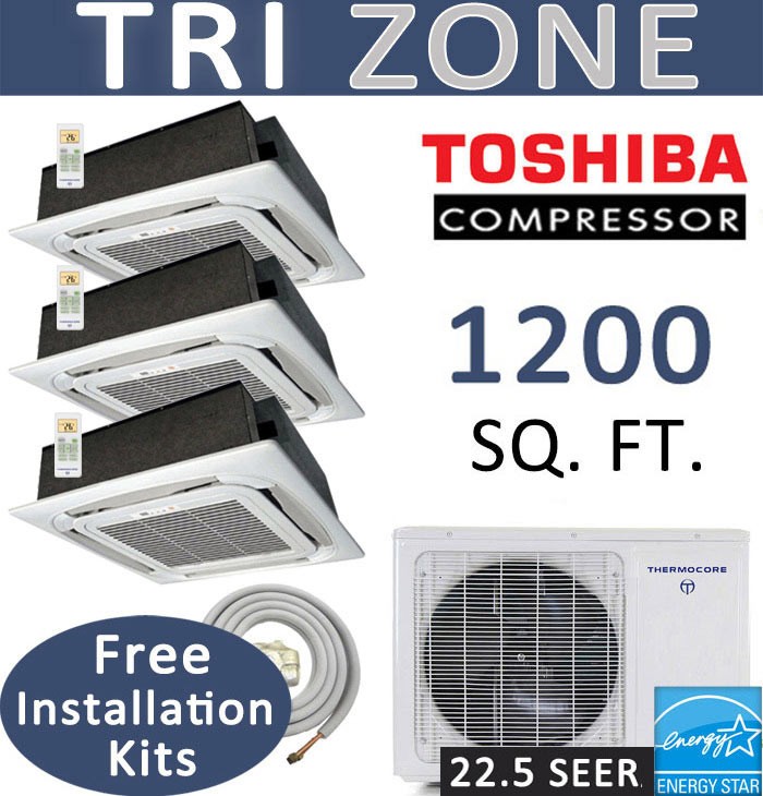27000 BTU TRI Zone Ductless Mini Split HYPER Heat Pump: 9000 x3 CEILING CASSETTE