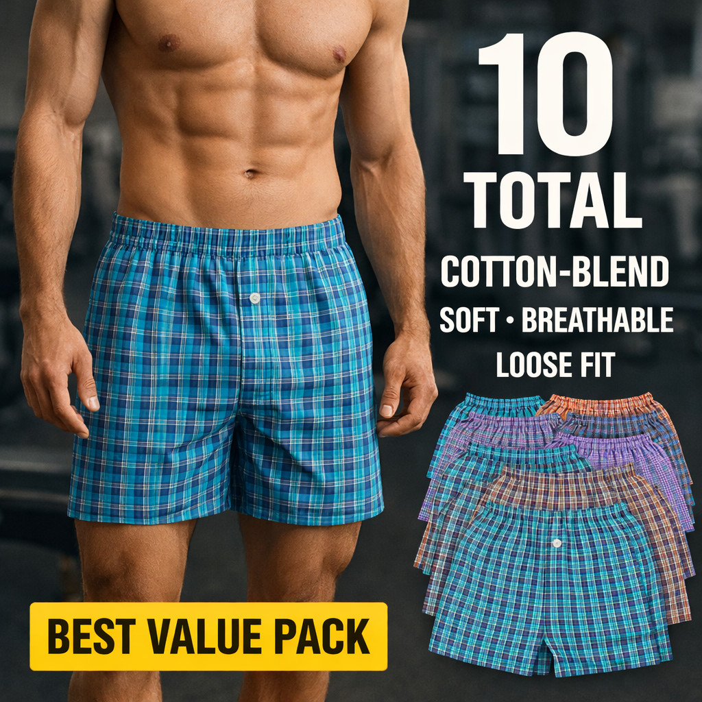 Men’s Cotton-Blend Boxer Shorts Value 10 Pack | Soft Breathable Comfy Loose Fit