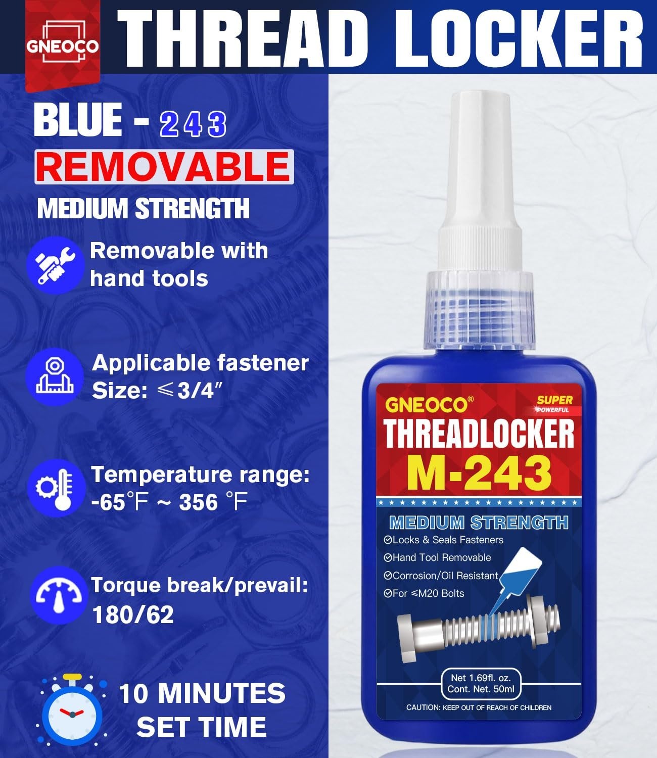 Threadlocker Blue, Thread Lock Medium Strength Lock Tight for Nuts, Bolts, Faste