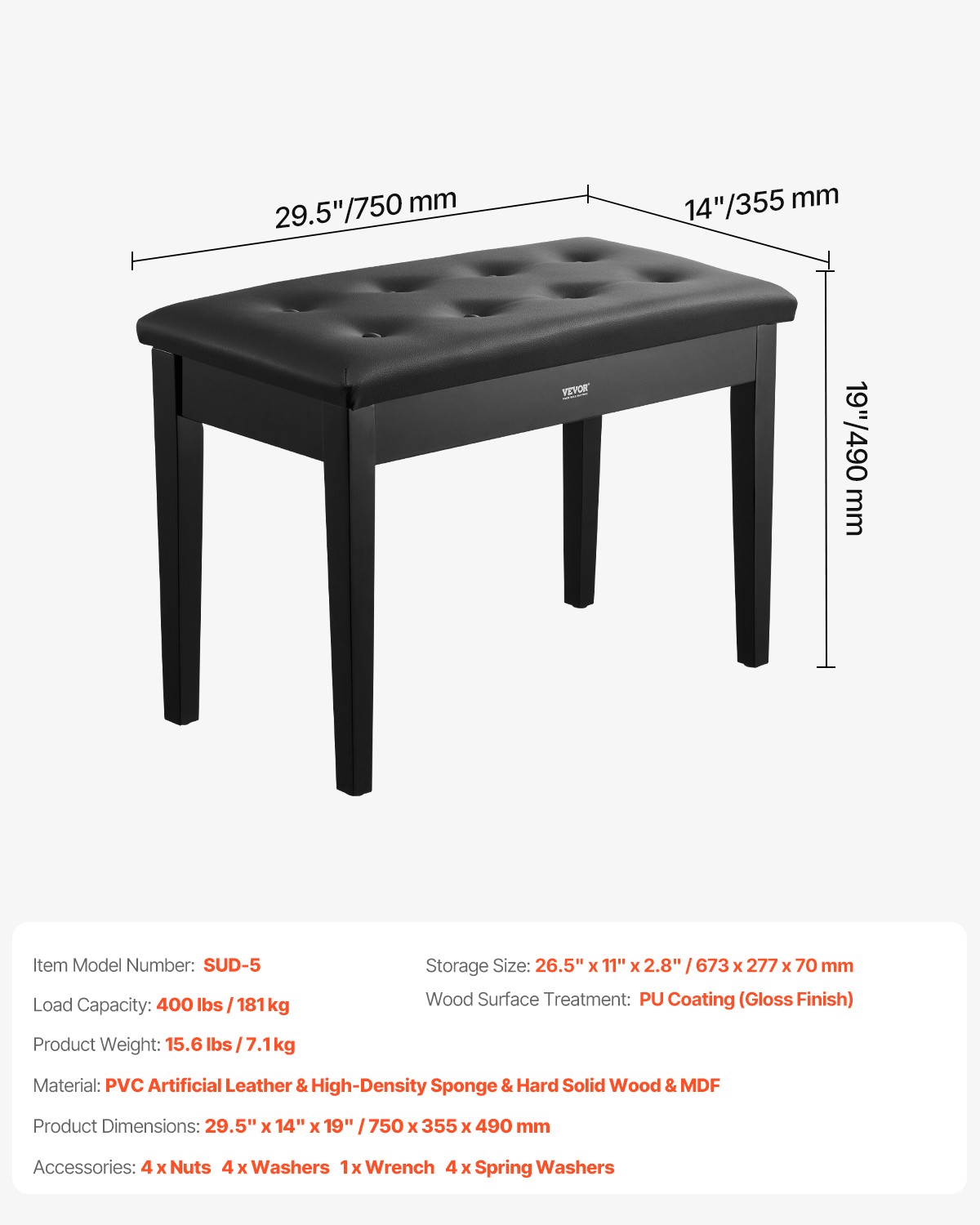 VEVOR Duet Piano Keyboard Bench Storage Padded Chair Wooden Vanity Bookcase