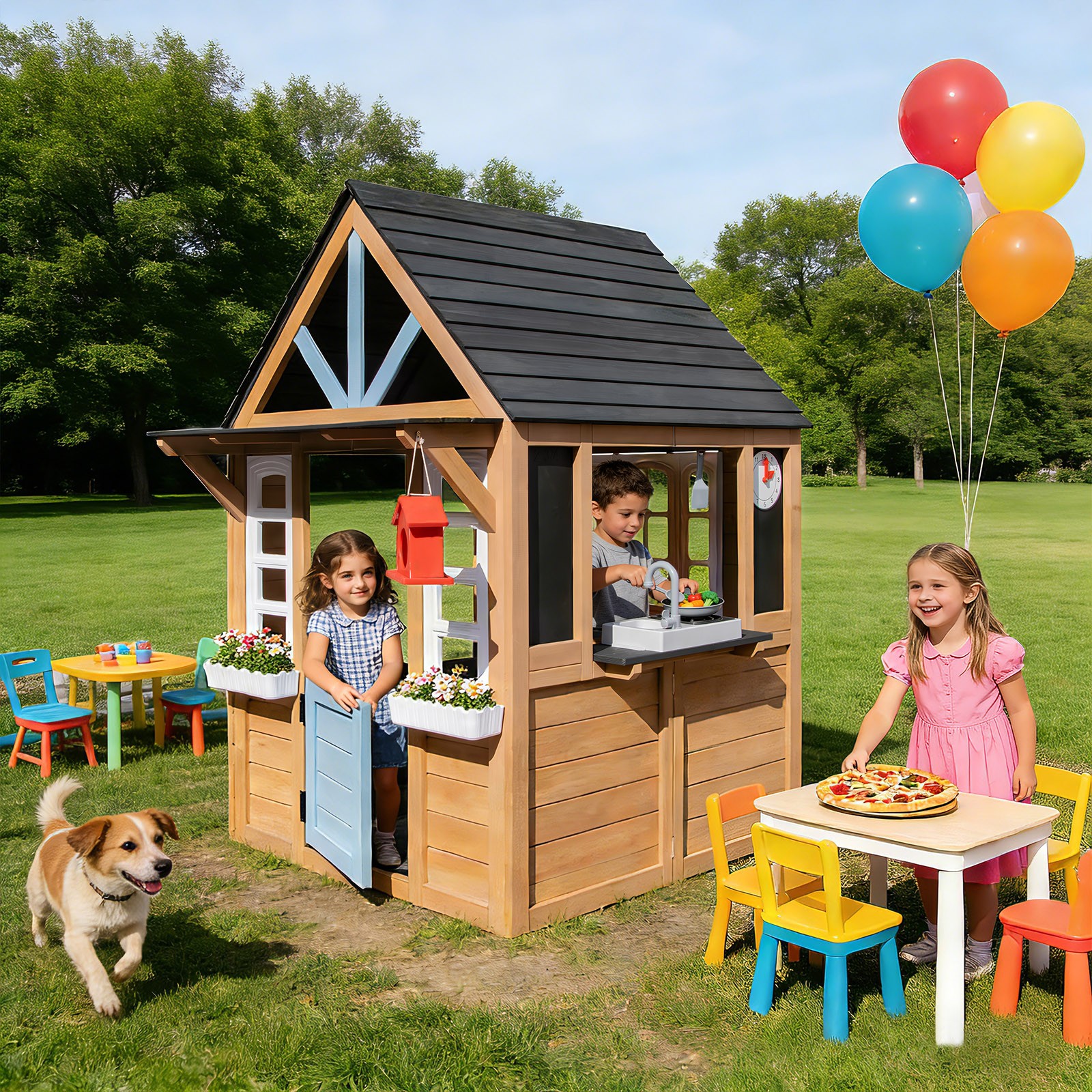 Wooden Kids Outdoor Playhouse with Window,Bench,Toy Kitchen,Flowerpot,Blackboard
