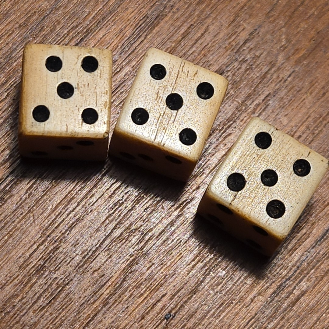 1765 Stamp Act taxed cattle bovine dice with black pips 3 Dice Vintage Hand Cut