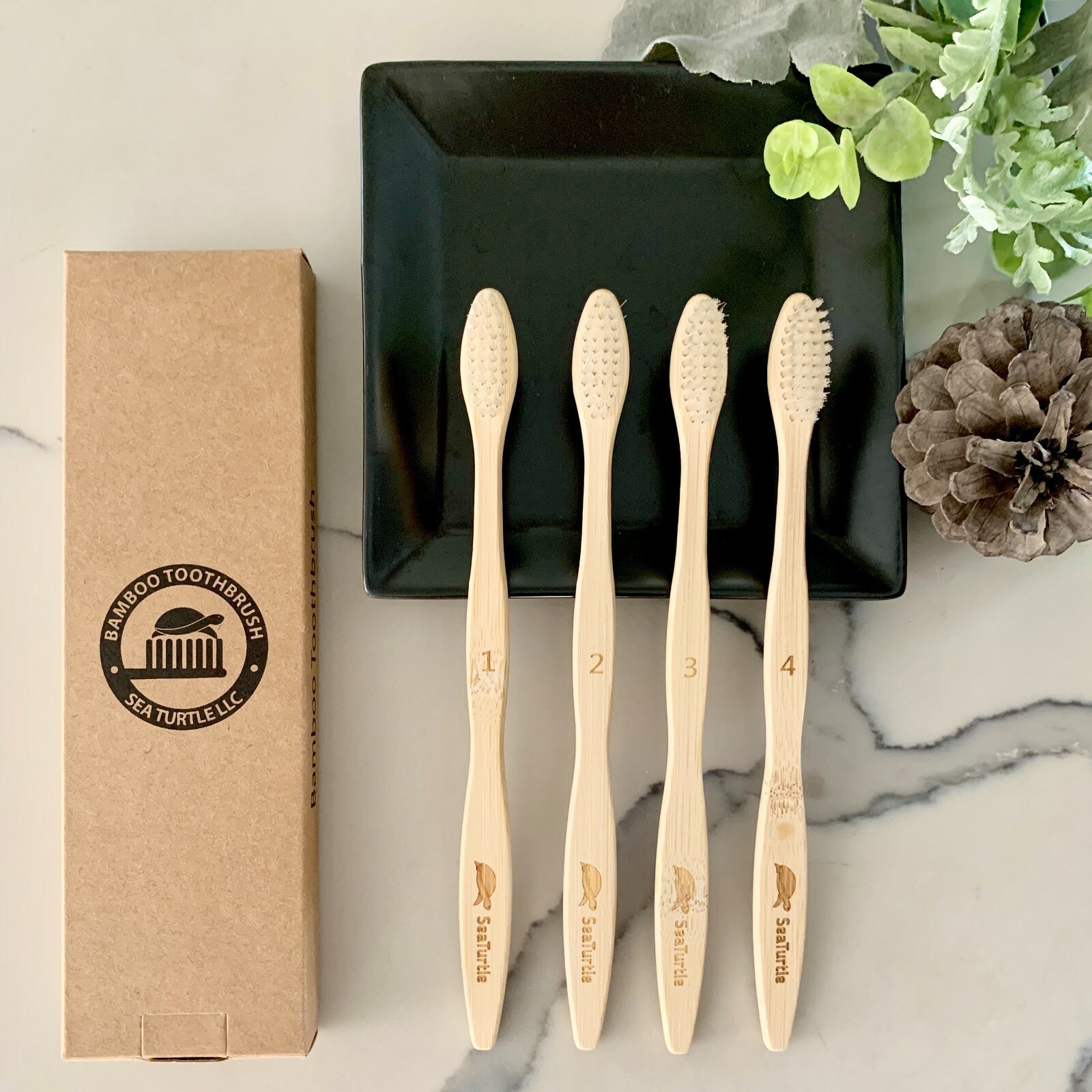 SeaTurtle Plant-Based Bristles Bamboo Toothbrush - Pack of 4 - Soft Natural