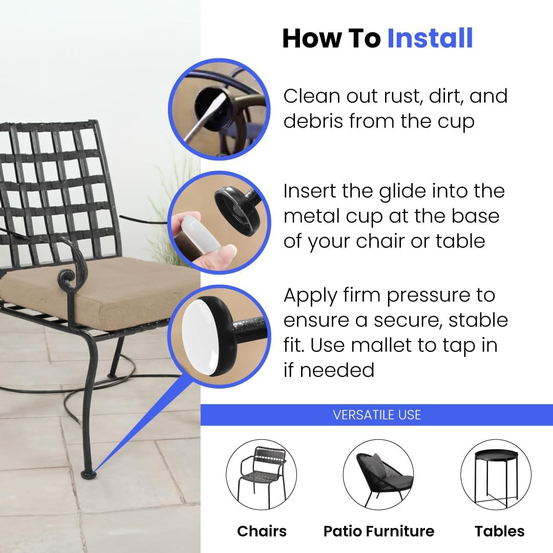 1-1/4" Deluxe Wrought Iron Patio Furniture Feet Glides, Round Plastic Chair L...