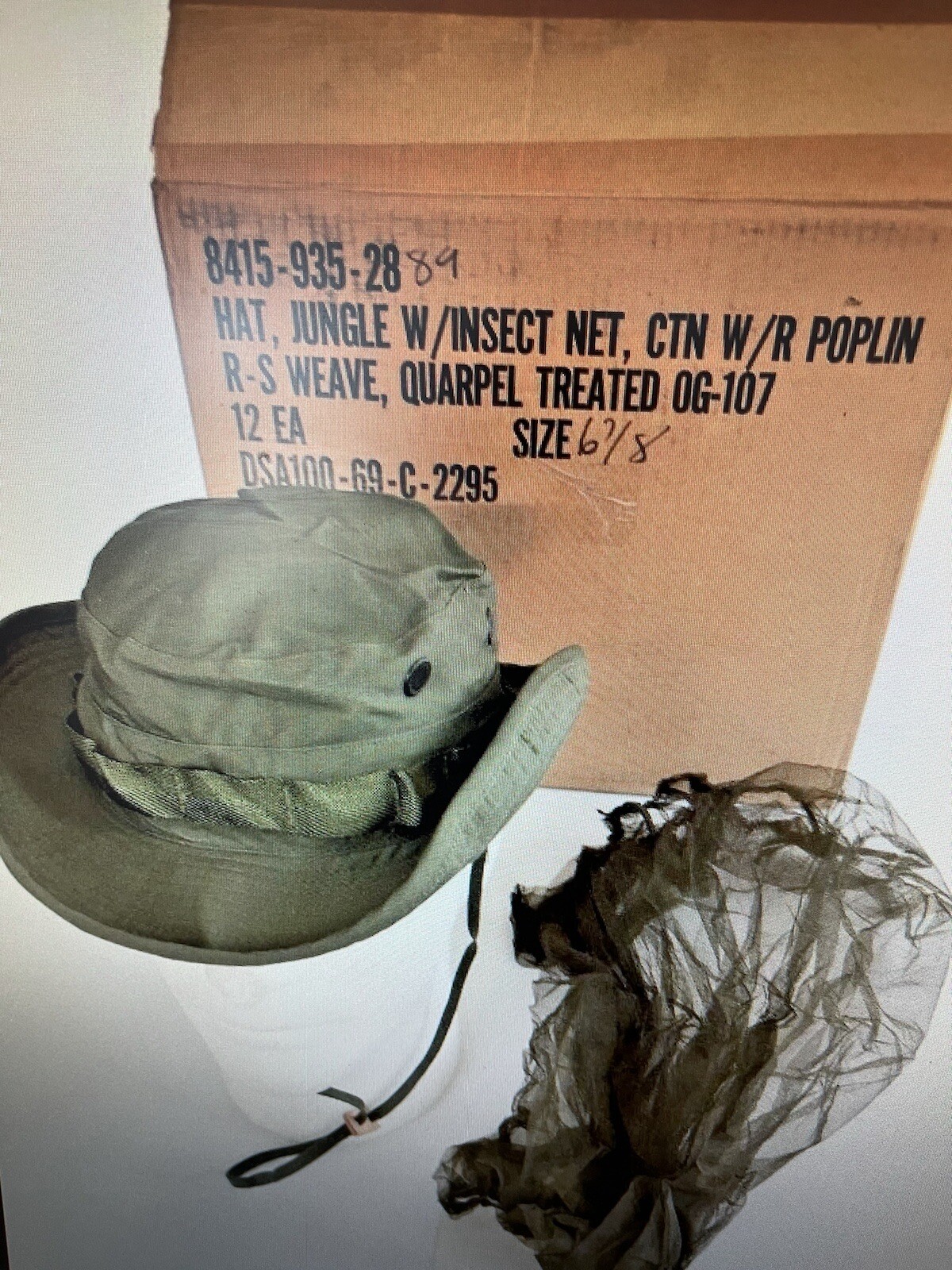 US VIETNAM ERA OD JUNGLE BOONIE HAT 67/8 OG/107 NEW W MOSQUITO NET New.