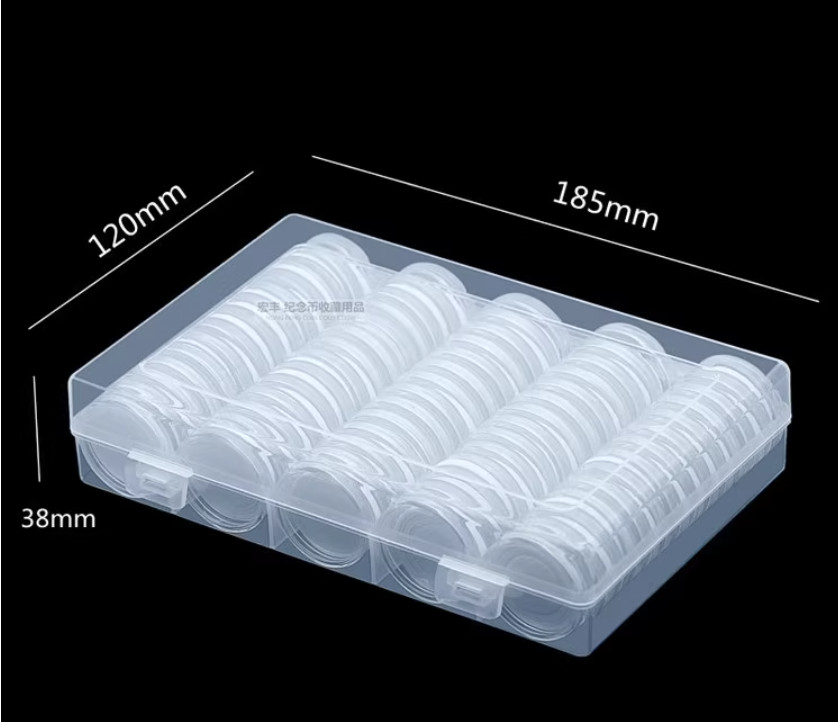 100 PCS 30mm Clear Round Coin Capsules Plastic Coin Holders & White Gaskets &Box