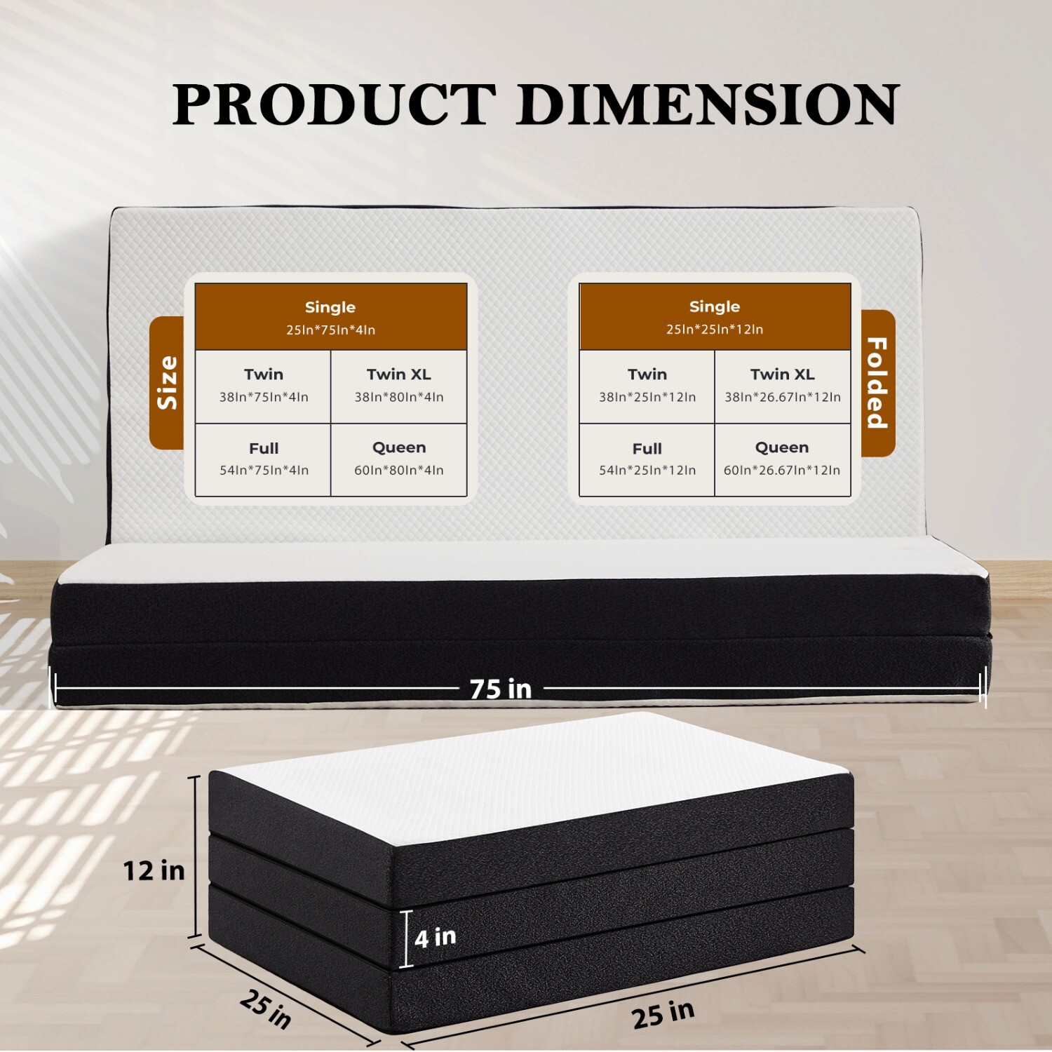 4" Tri-fold Memory Foam Mattress, Foldable Portable Floor Bed,Washable Cover