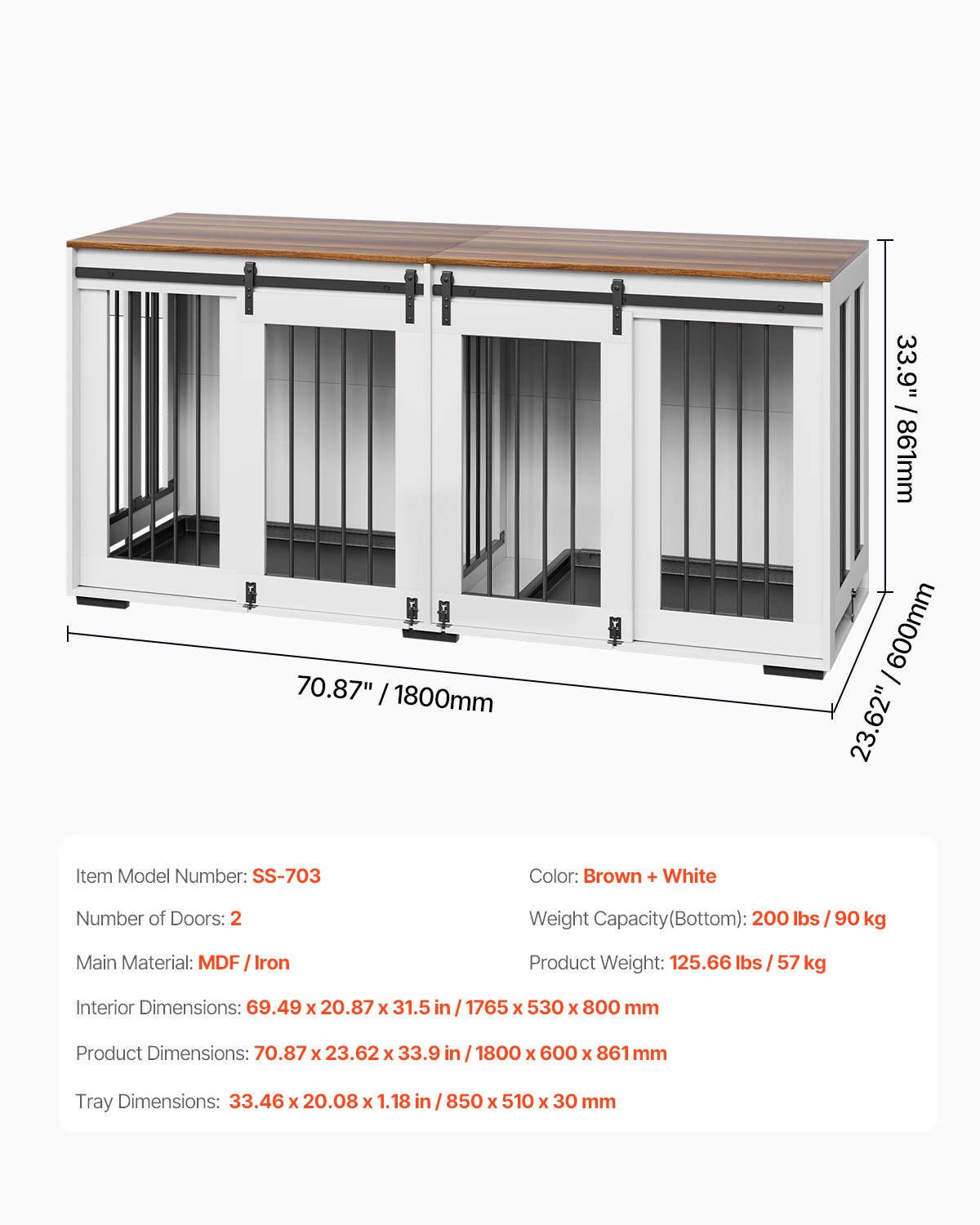 Dog Crate Furniture 72 in Indoor Wooden Dog Kennel with Tray Heavy Duty