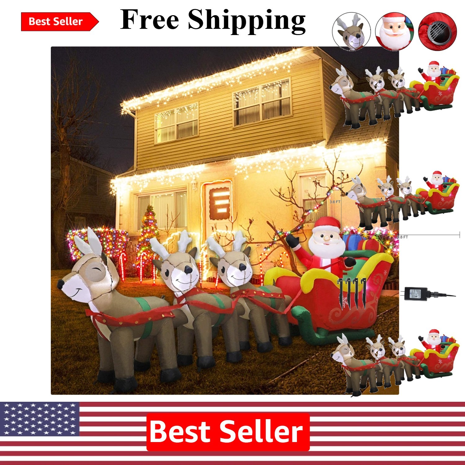 Spectacular 9.5 FT Inflatable Santa Claus with Sleigh & Reindeer - Outdoor Decor