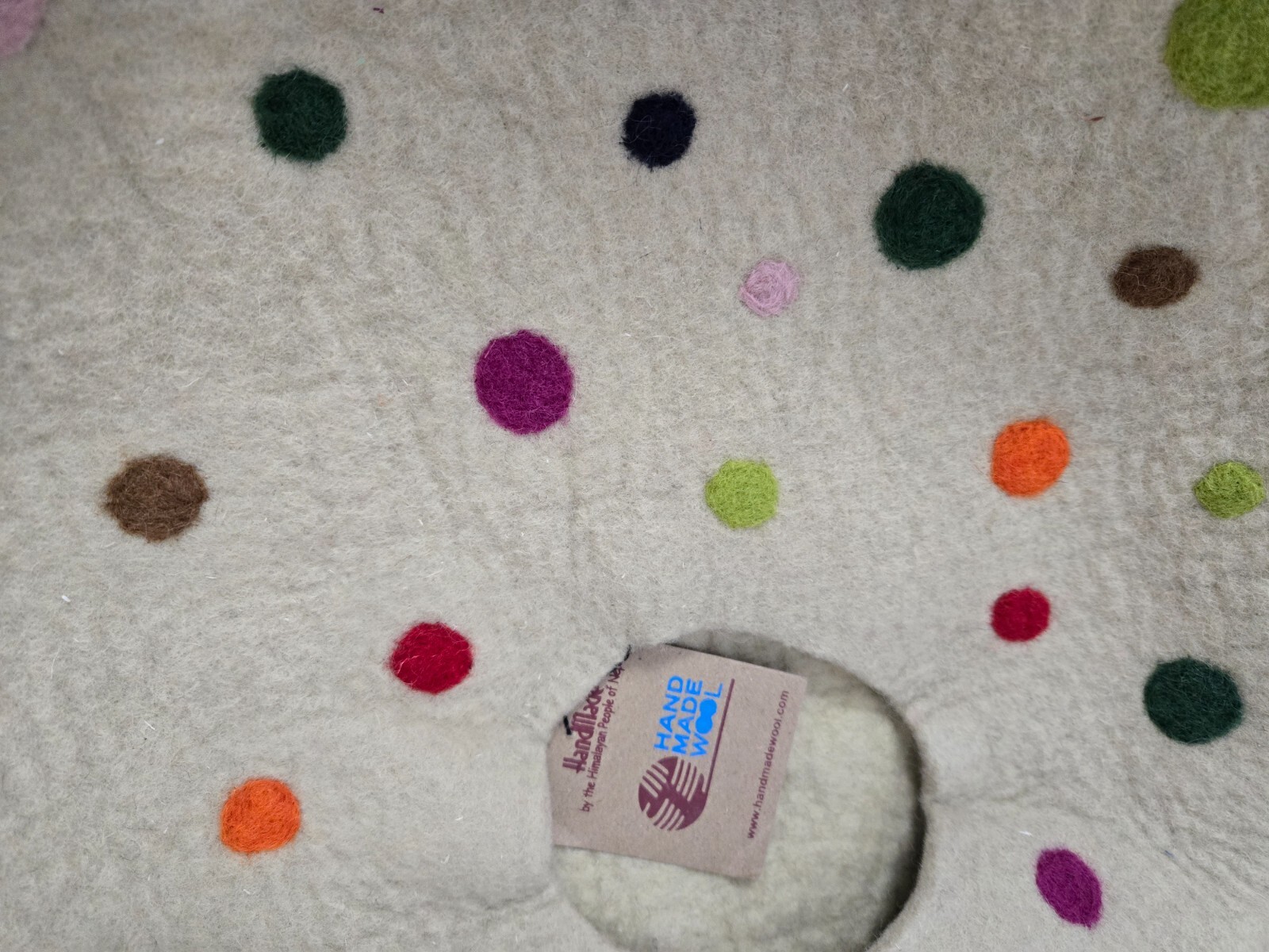 Hand Made in Nepal Felted Wool Cat Cave Light Beige w/ Multicolor Polka Dots
