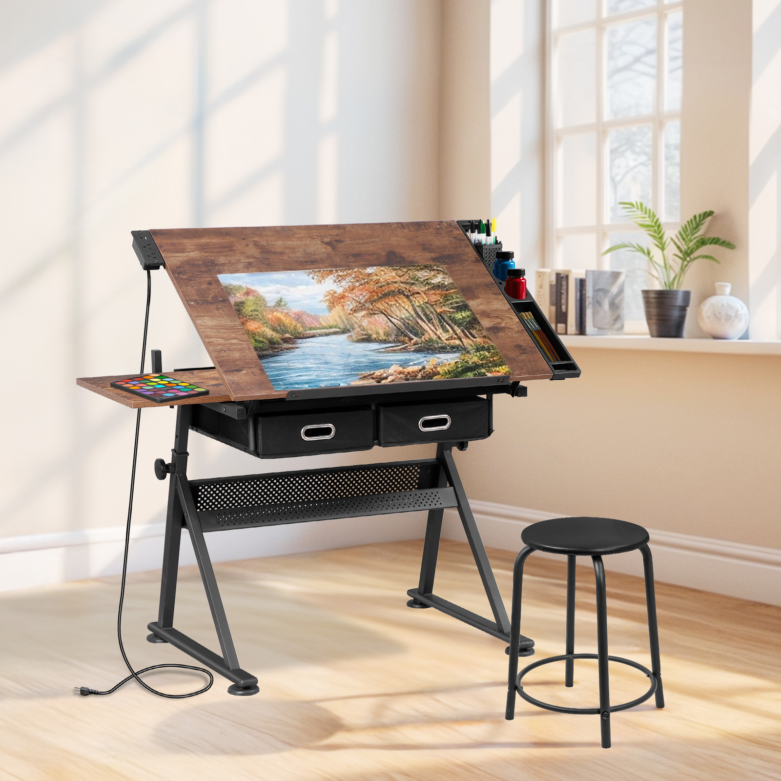 Adjustable Drafting Drawing Table Craft Tiltable Tabletop with Stool & Outlet