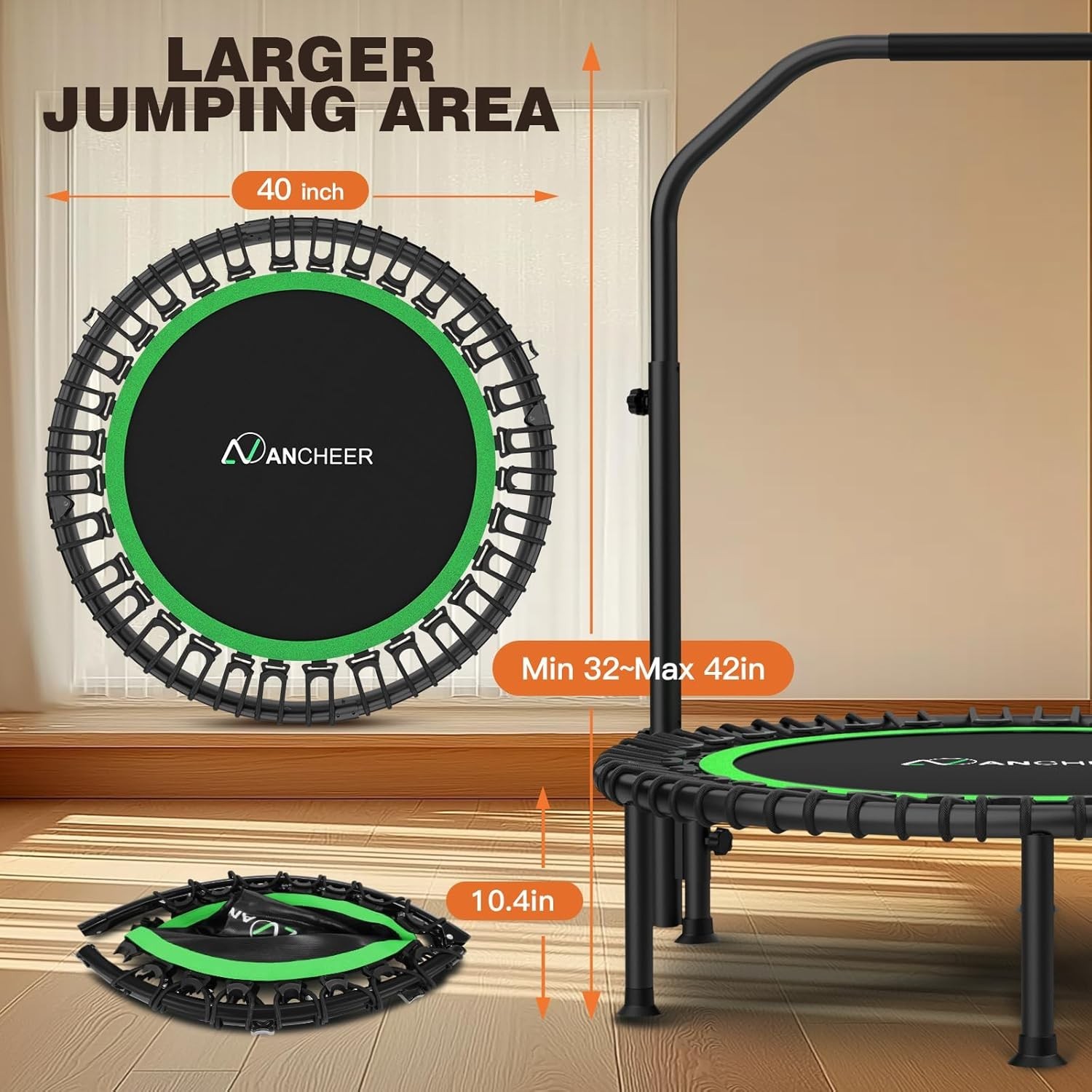 40" Foldable Mini Trampoline with Bungees, Fitness Trampoline Max Load 450lbs US